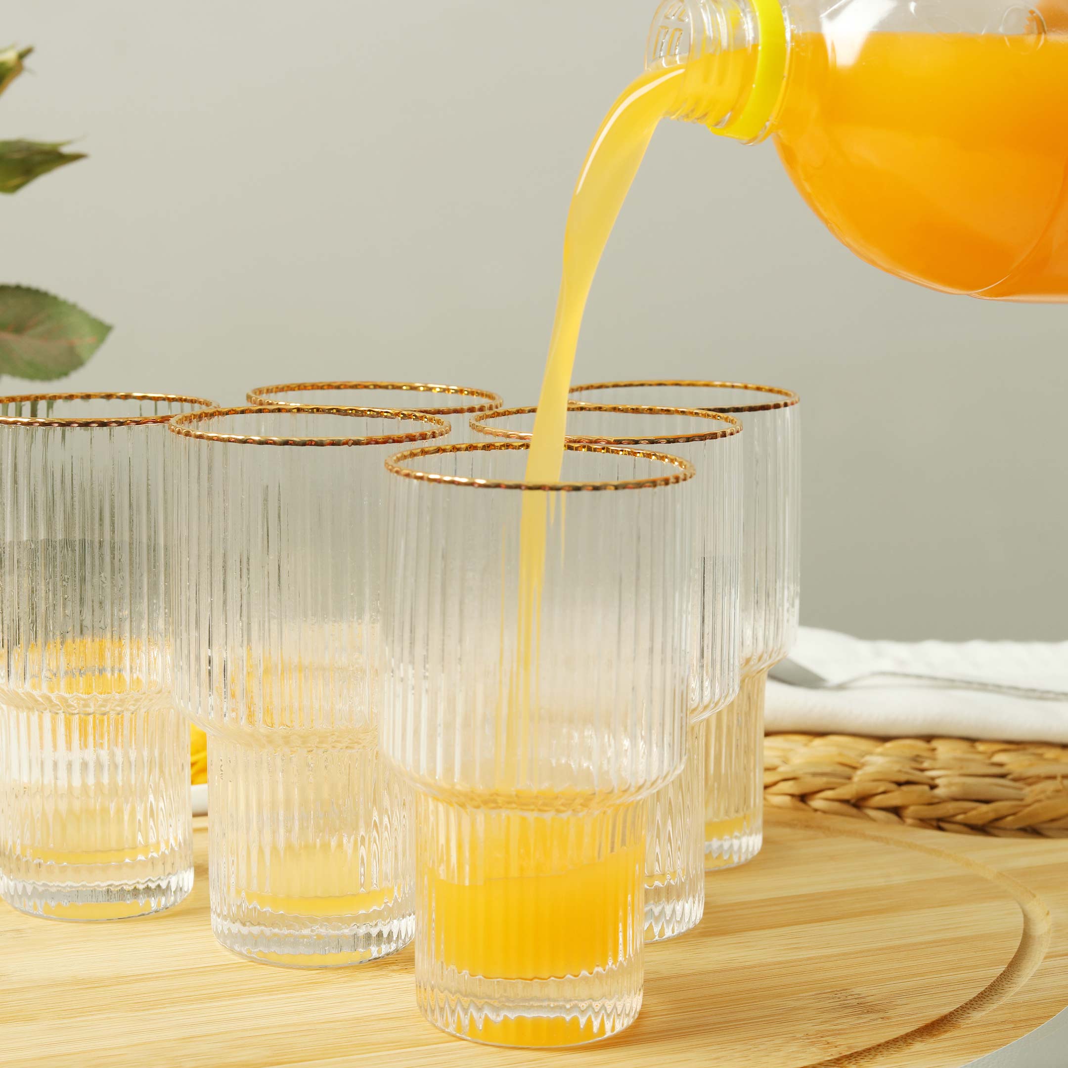 Vertical Stripe Gold Rimmed Fluted Bottom Glass Set-6 Pcs