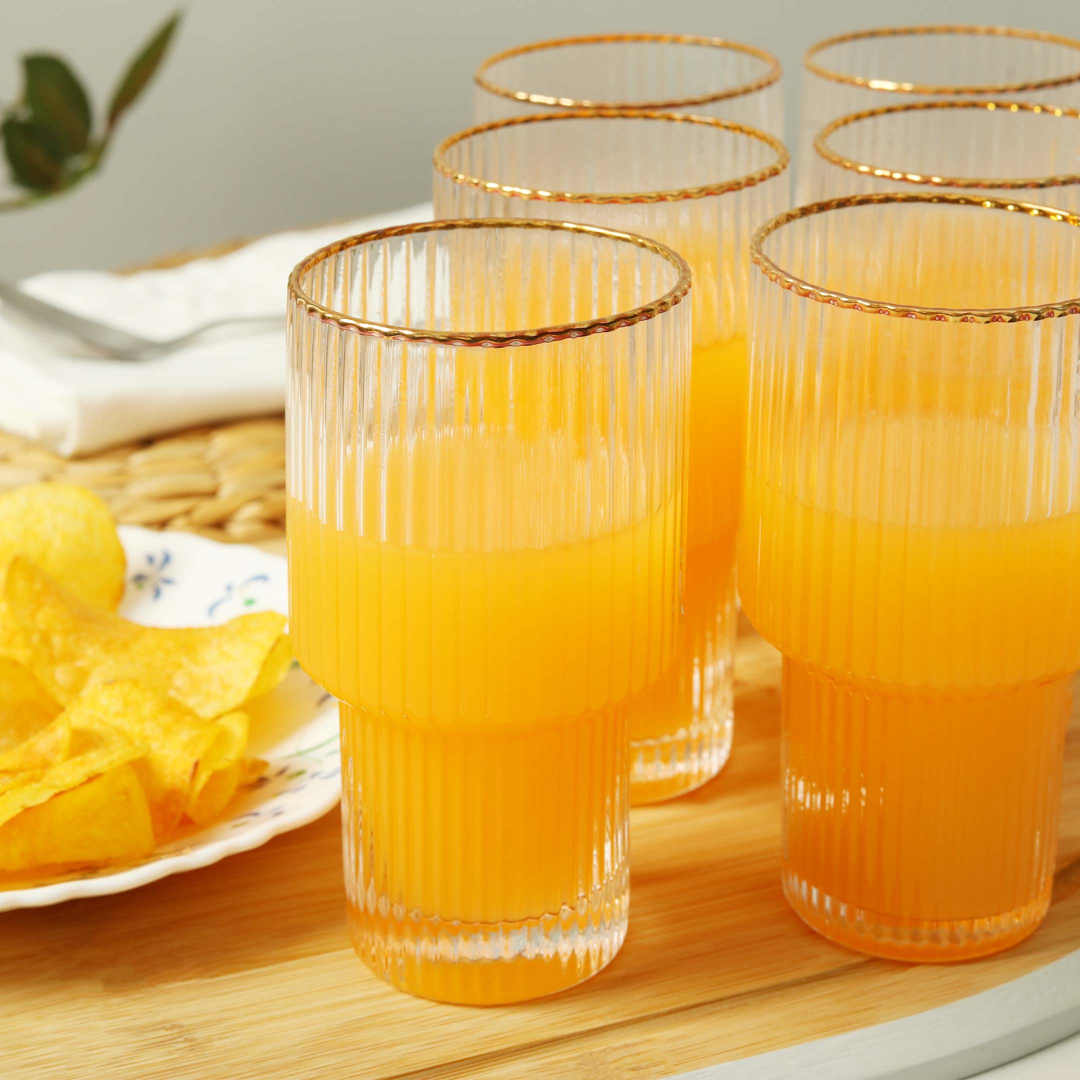 Vertical Stripe Gold Rimmed Fluted Bottom Glass Set-6 Pcs