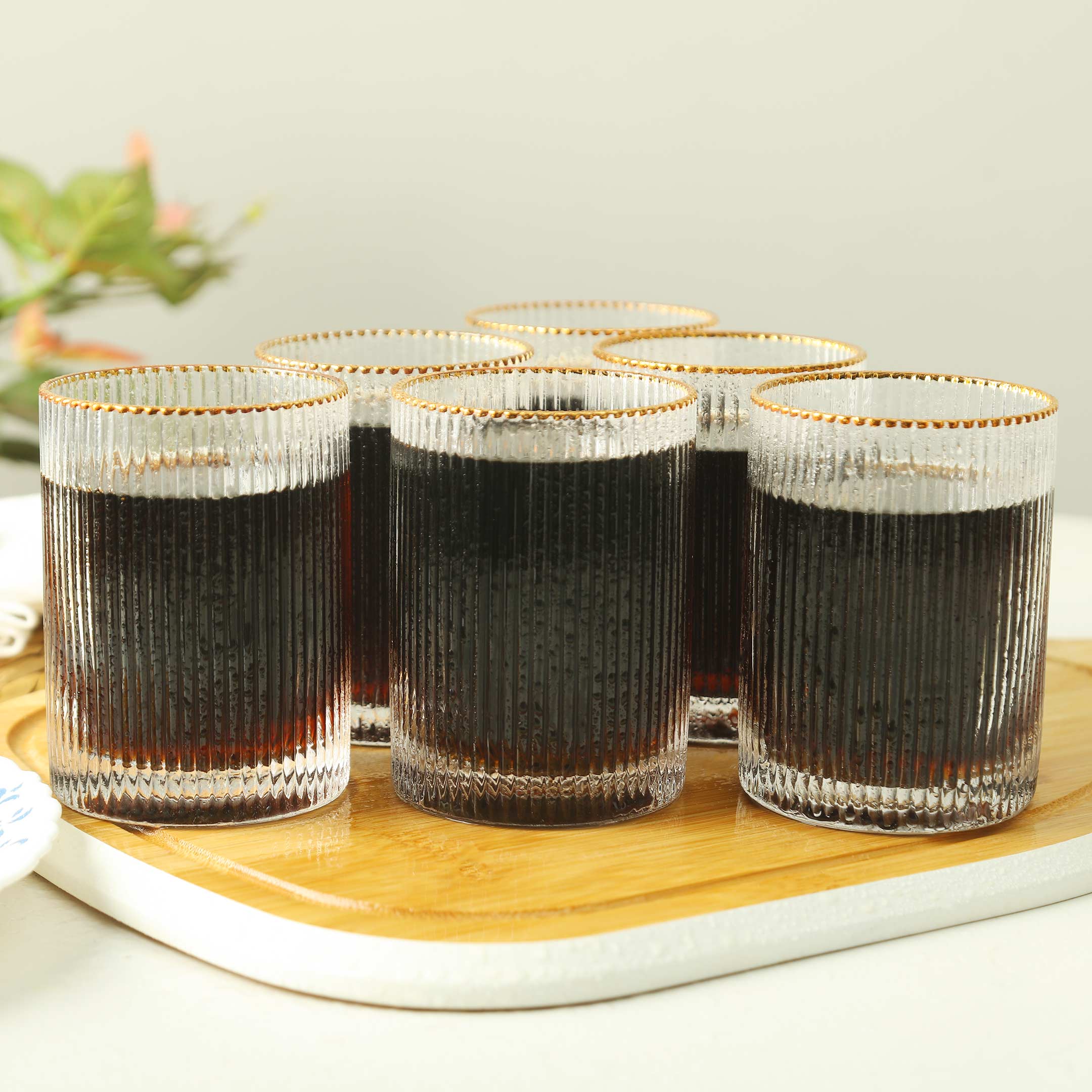 Ridged Stripe Gold Rim Glass Set- 6 Pcs
