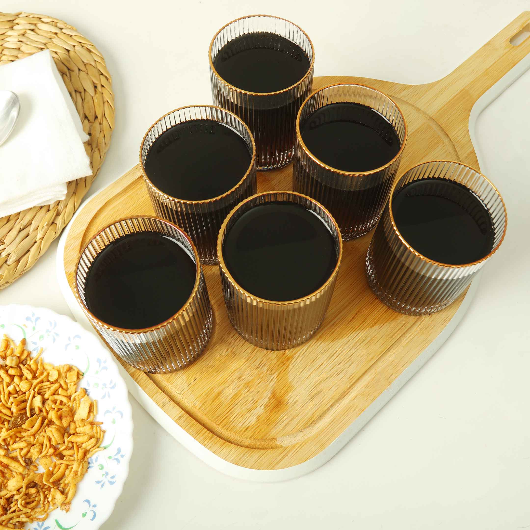 Ridged Stripe Gold Rim Glass Set- 6 Pcs
