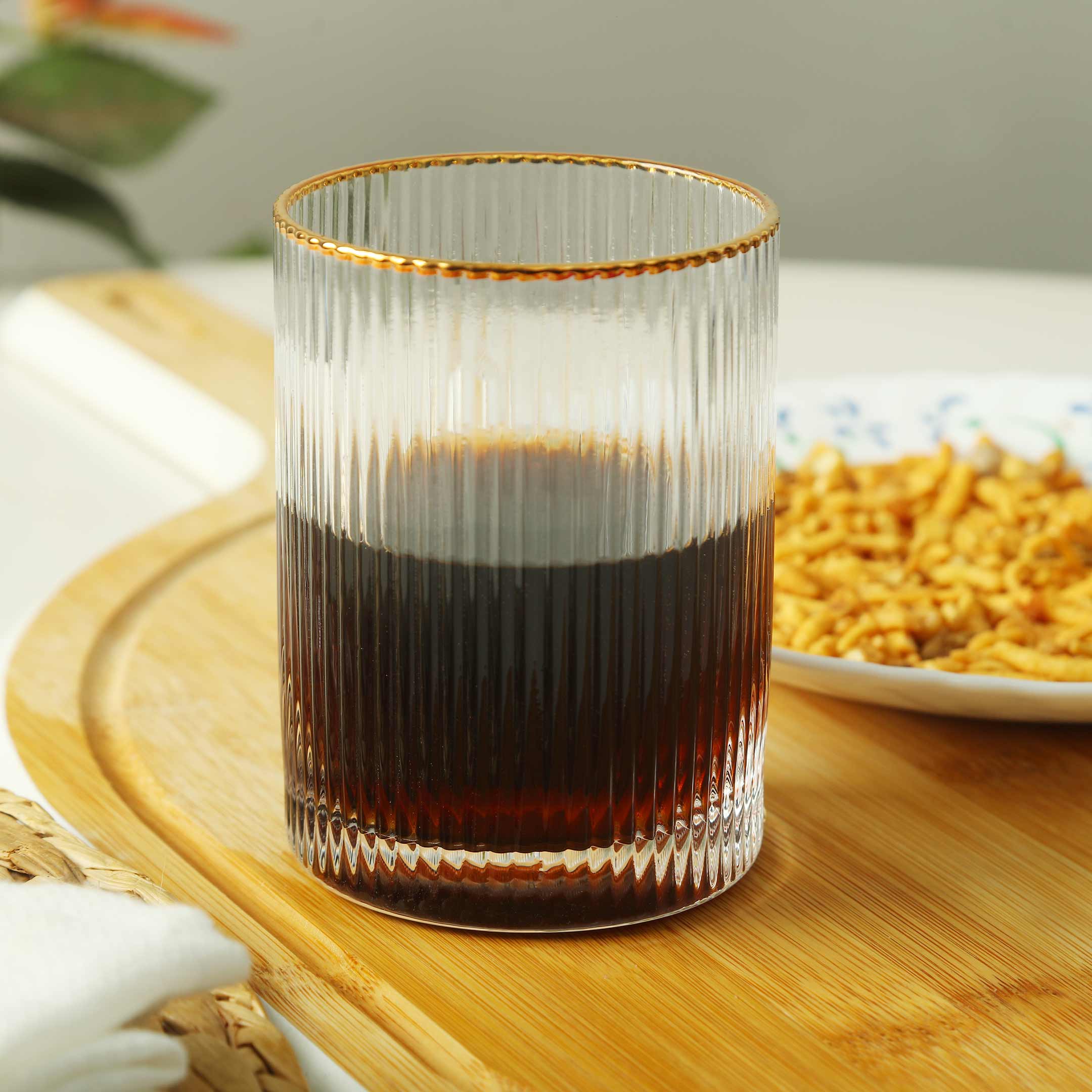 Ridged Stripe Gold Rim Glass Set- 6 Pcs
