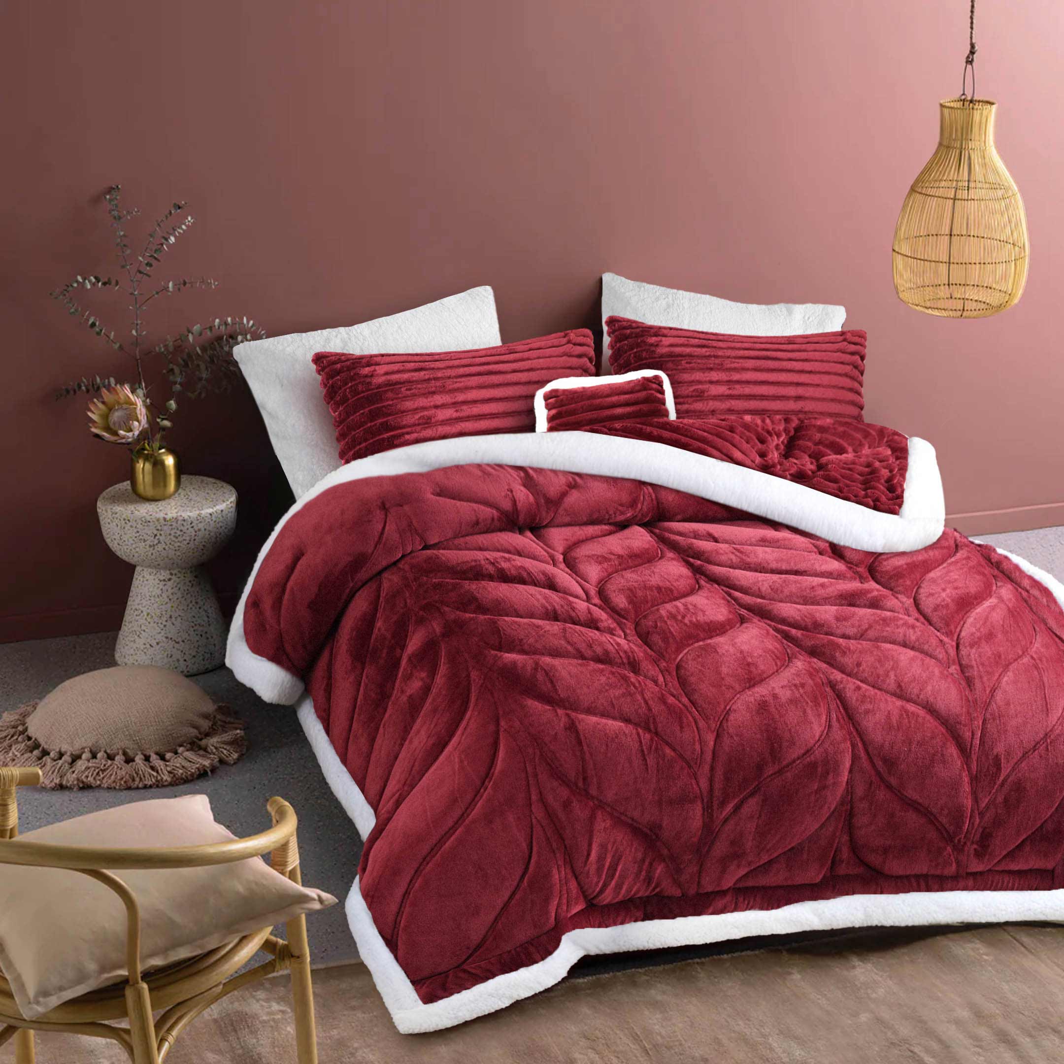 Heavy Weighted Fleece & Sherpa 7pcs Bedding Set-Maroon