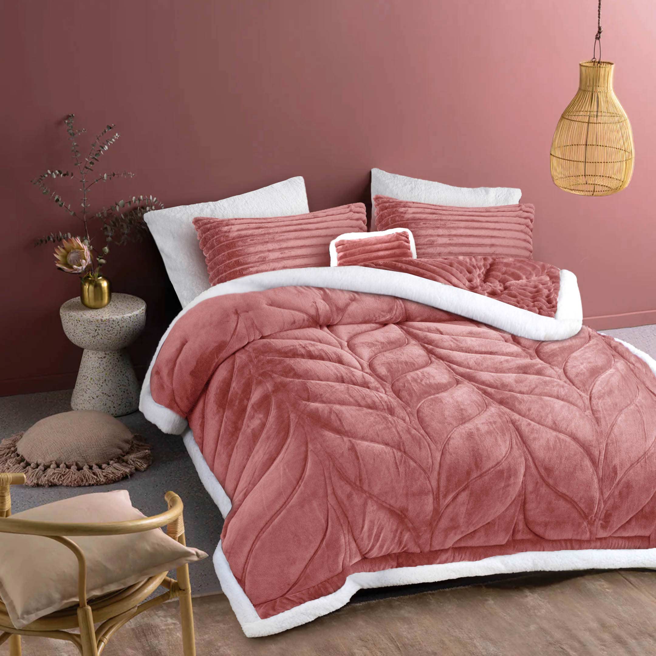 Heavy Weighted Fleece & Sherpa 7pcs Bedding Set-Rose Mellow