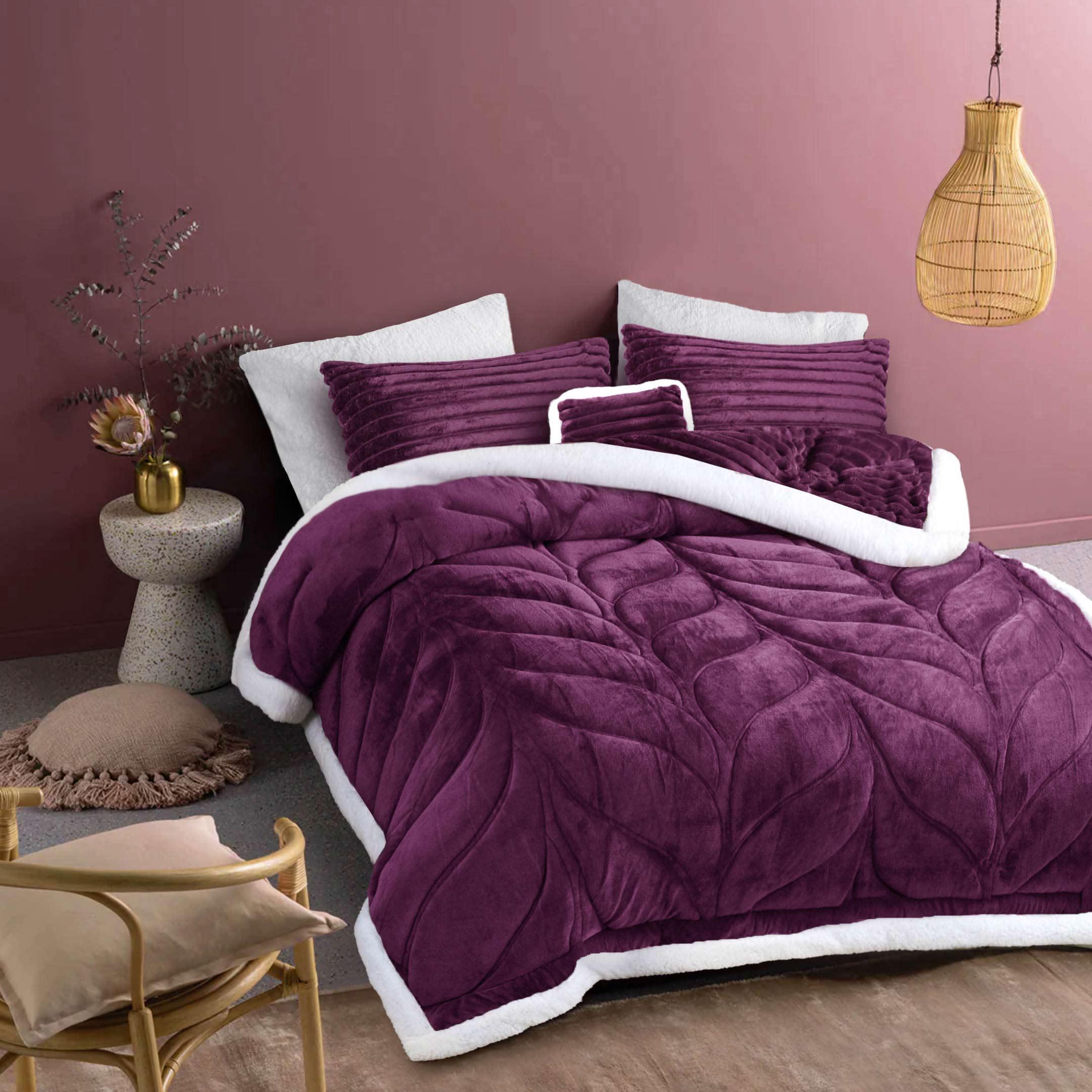 Heavy Weighted Fleece & Sherpa 7pcs Bedding Set-Plum