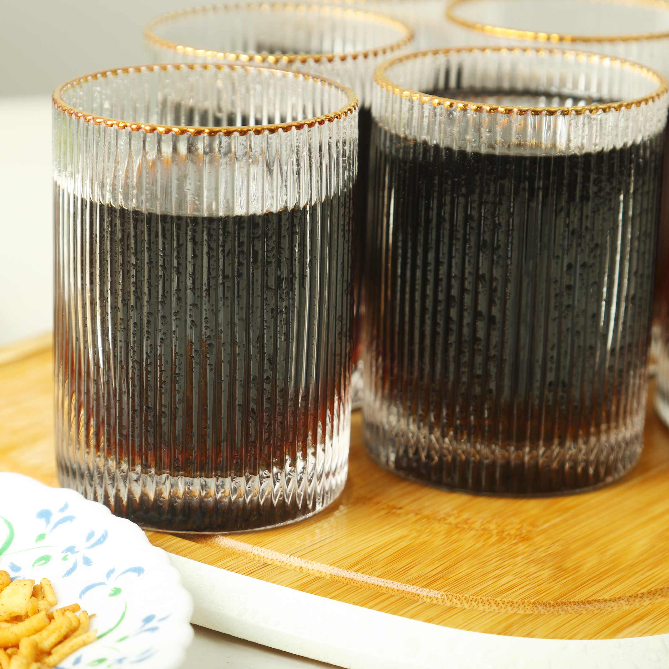 Ridged Stripe Gold Rim Glass Set- 6 Pcs
