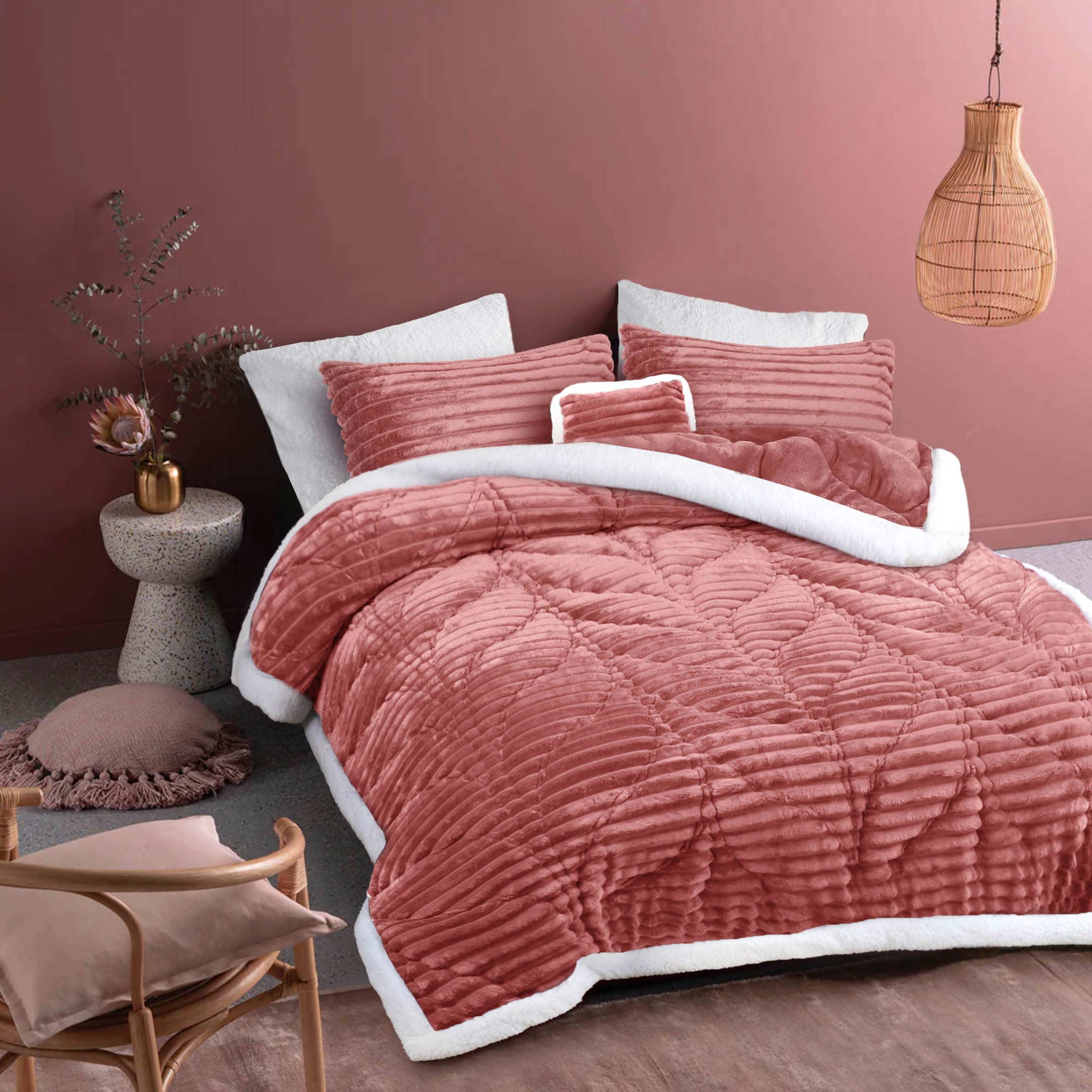 Heavy Weighted Fleece & Sherpa 7pcs Bedding Set-Rose Mellow