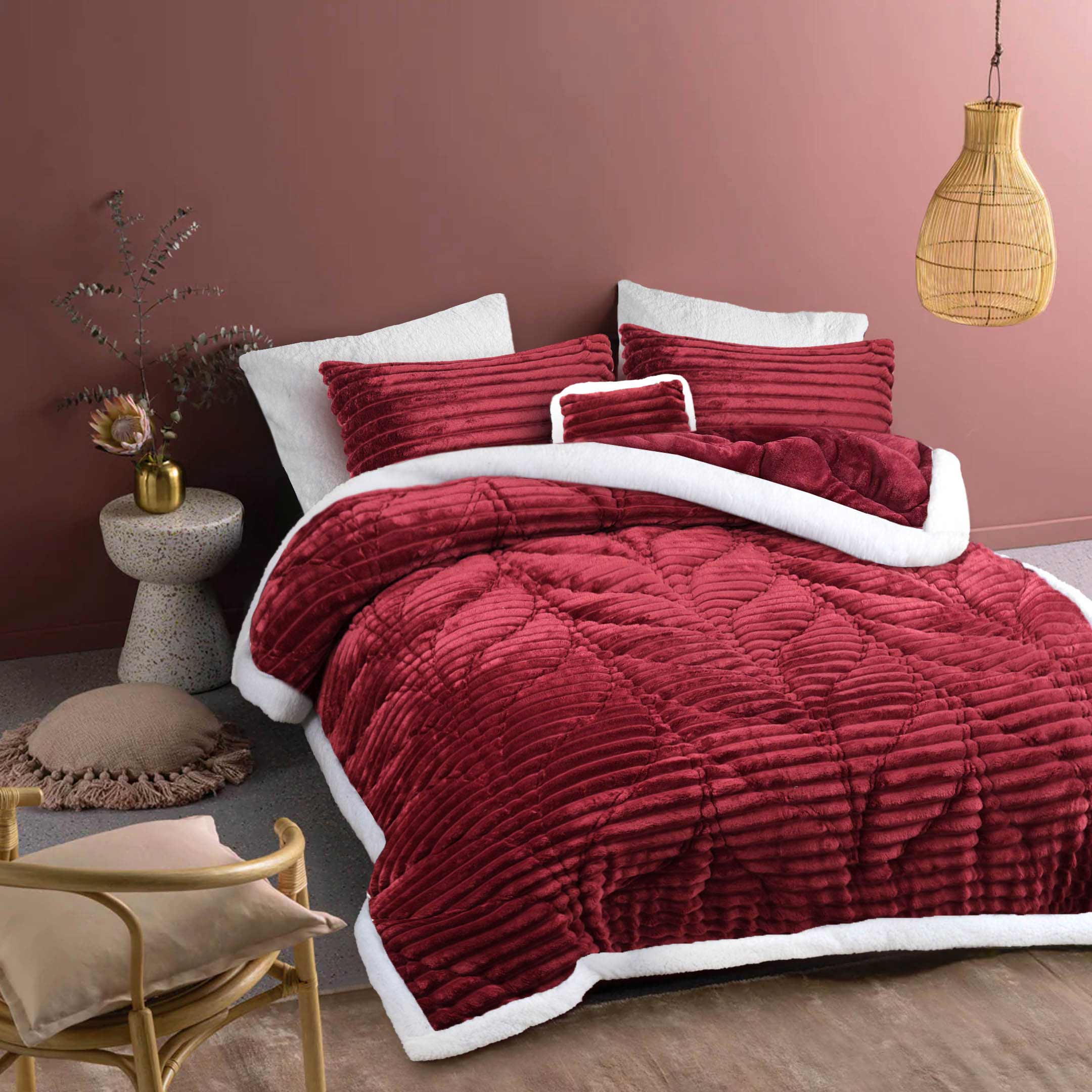 Heavy Weighted Fleece & Sherpa 7pcs Bedding Set-Maroon