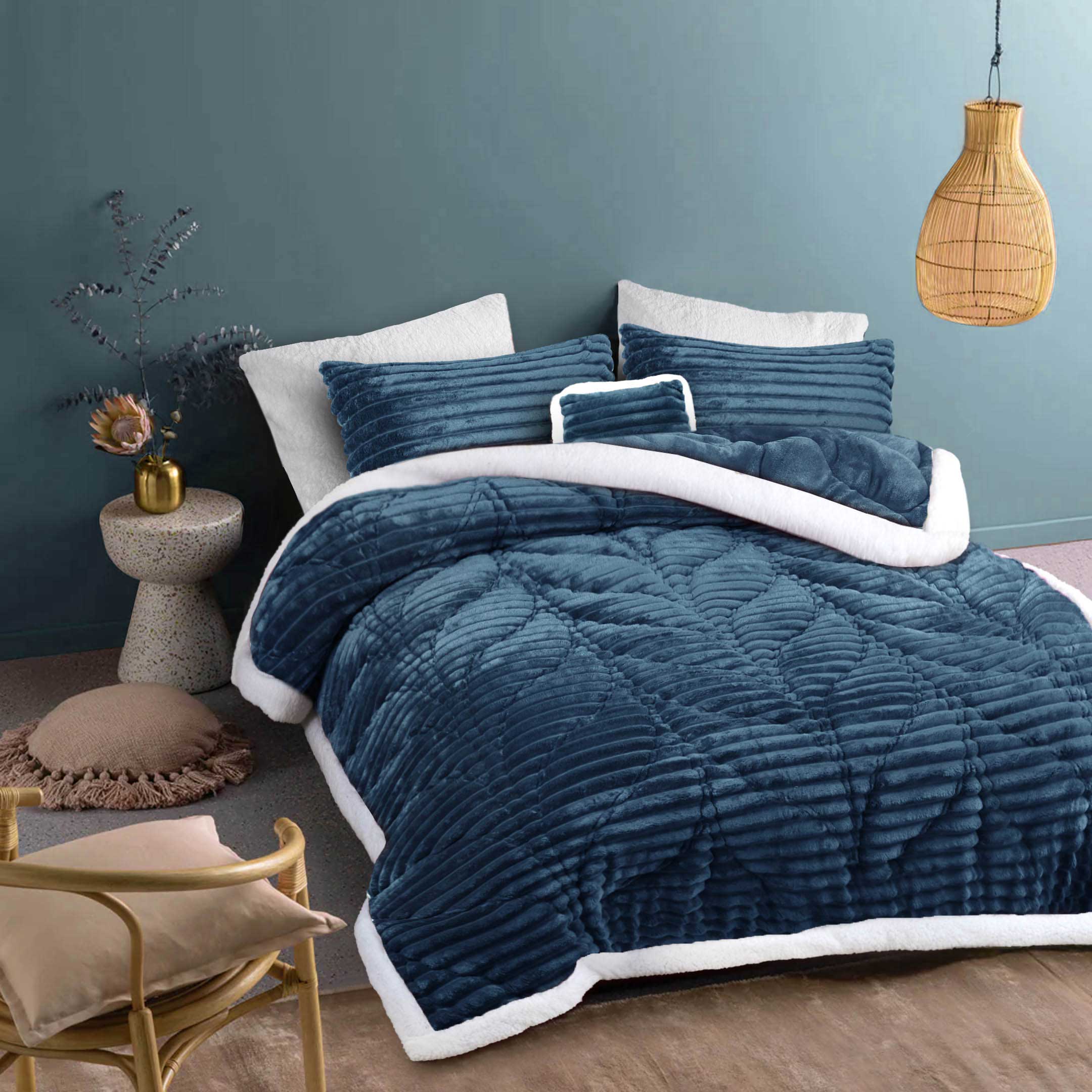 Heavy Weighted Fleece & Sherpa 7pcs Bedding Set-Midnight Blue