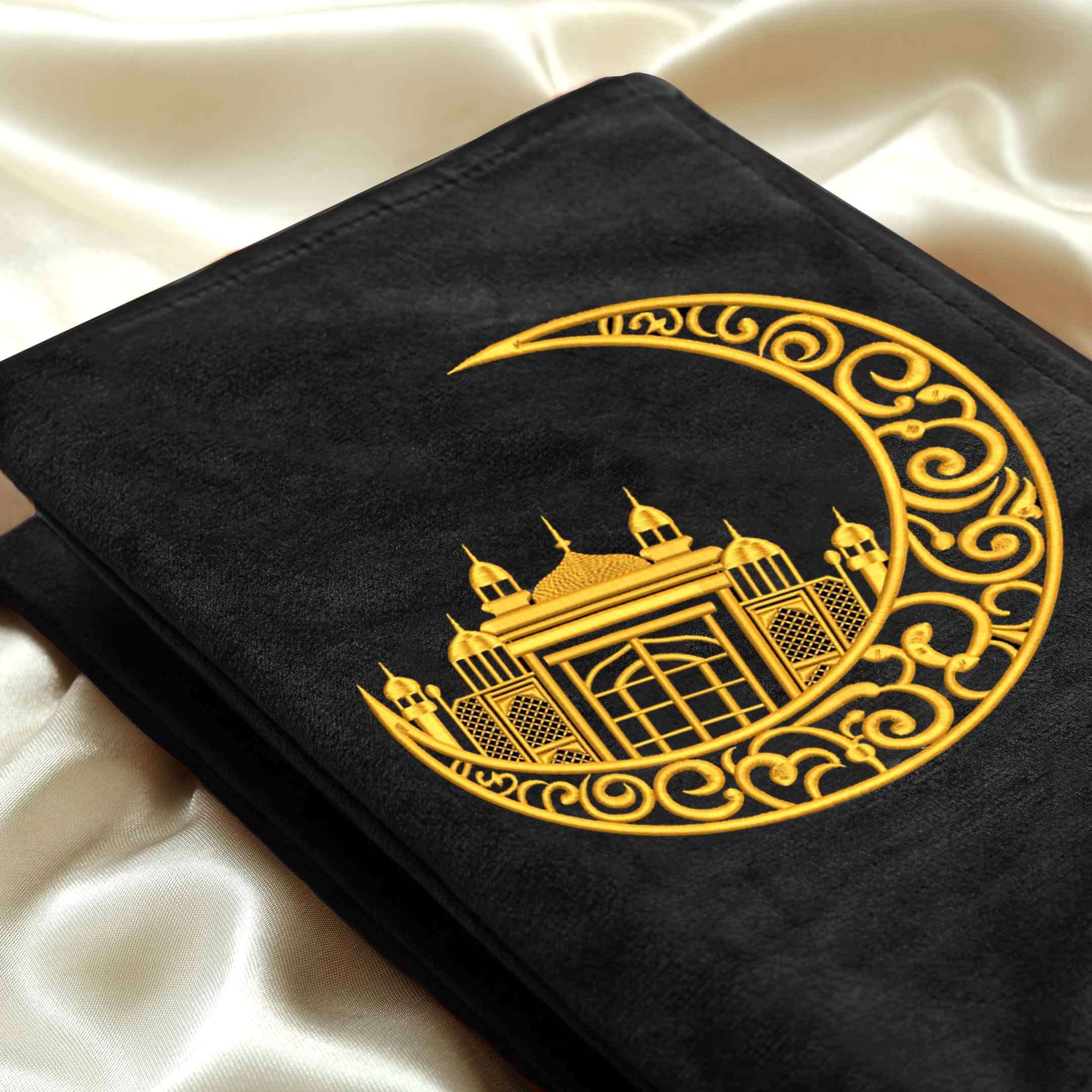 Moon Embroidered Black Velvet Quran Pak with Cover