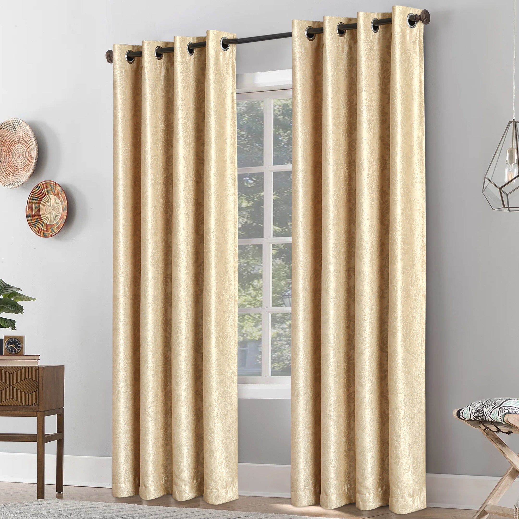 Grommet Blackout Weave Embossed Jacquard Curtain Beige