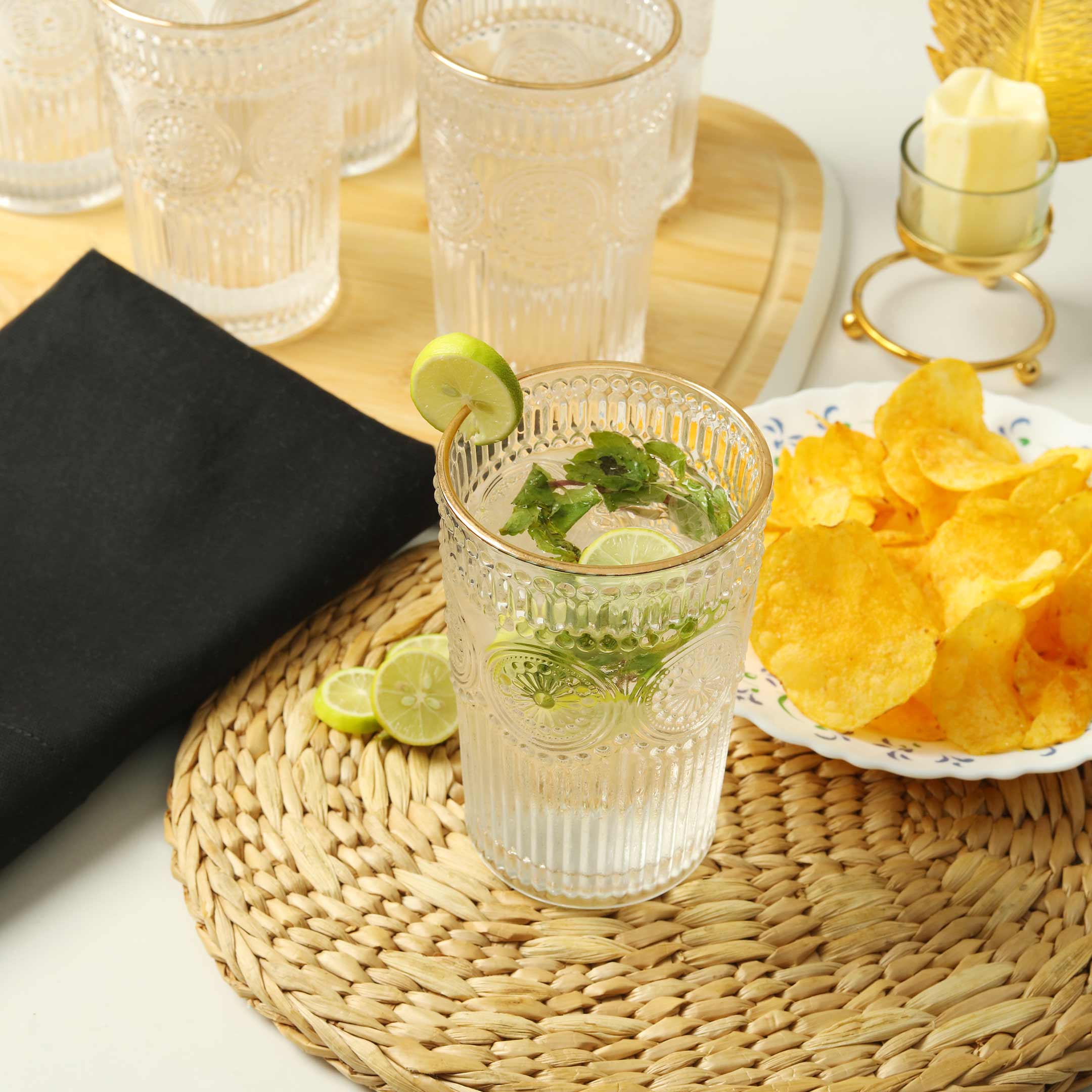 Gold Rimmed Embossed Floral Drinking Glass