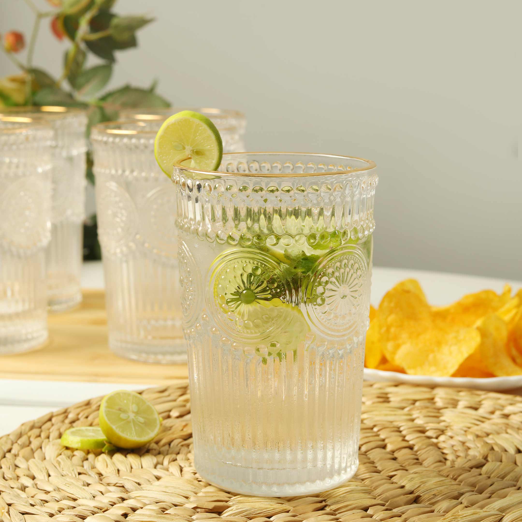 Gold Rimmed Embossed Floral Drinking Glass