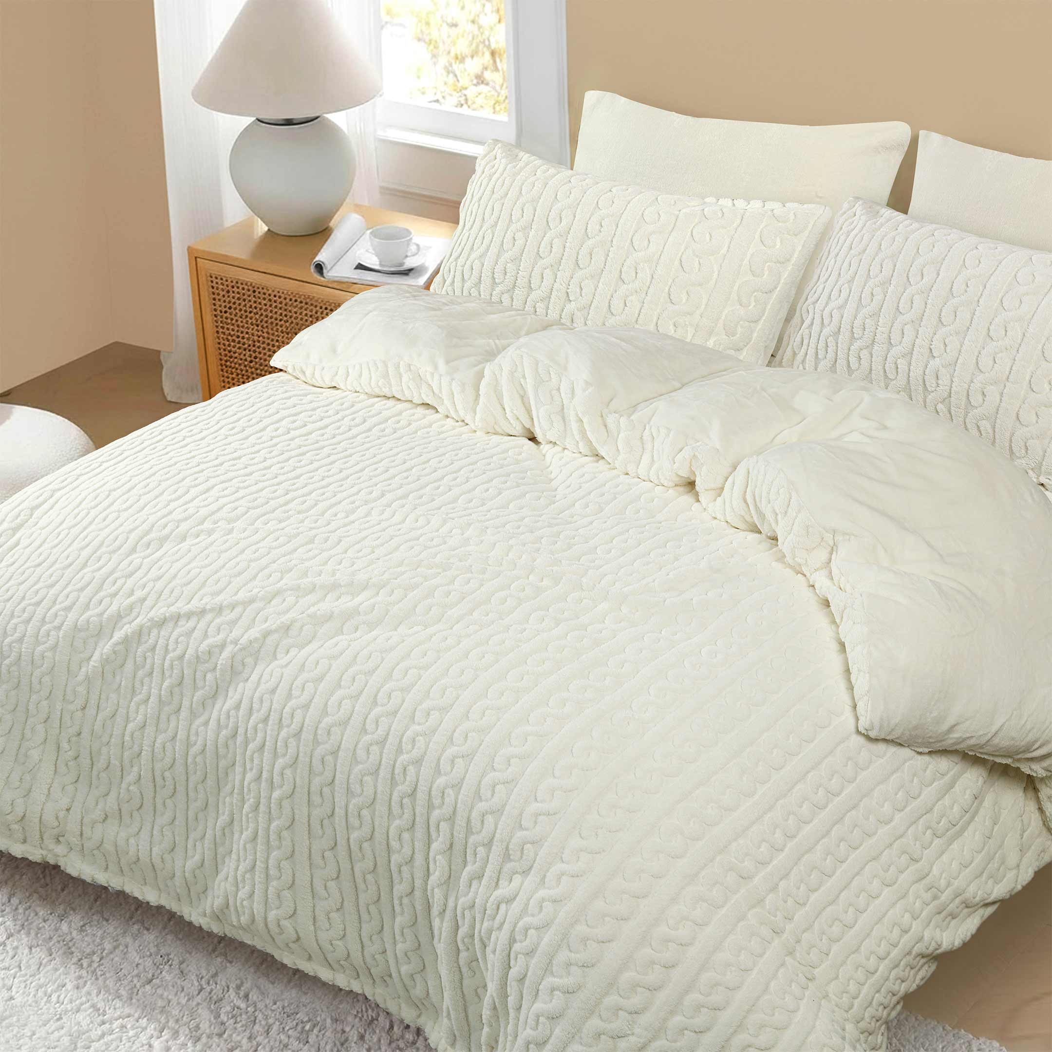 Luxury Knotted Fleece Fluff 6pc Razaye Set-Off White
