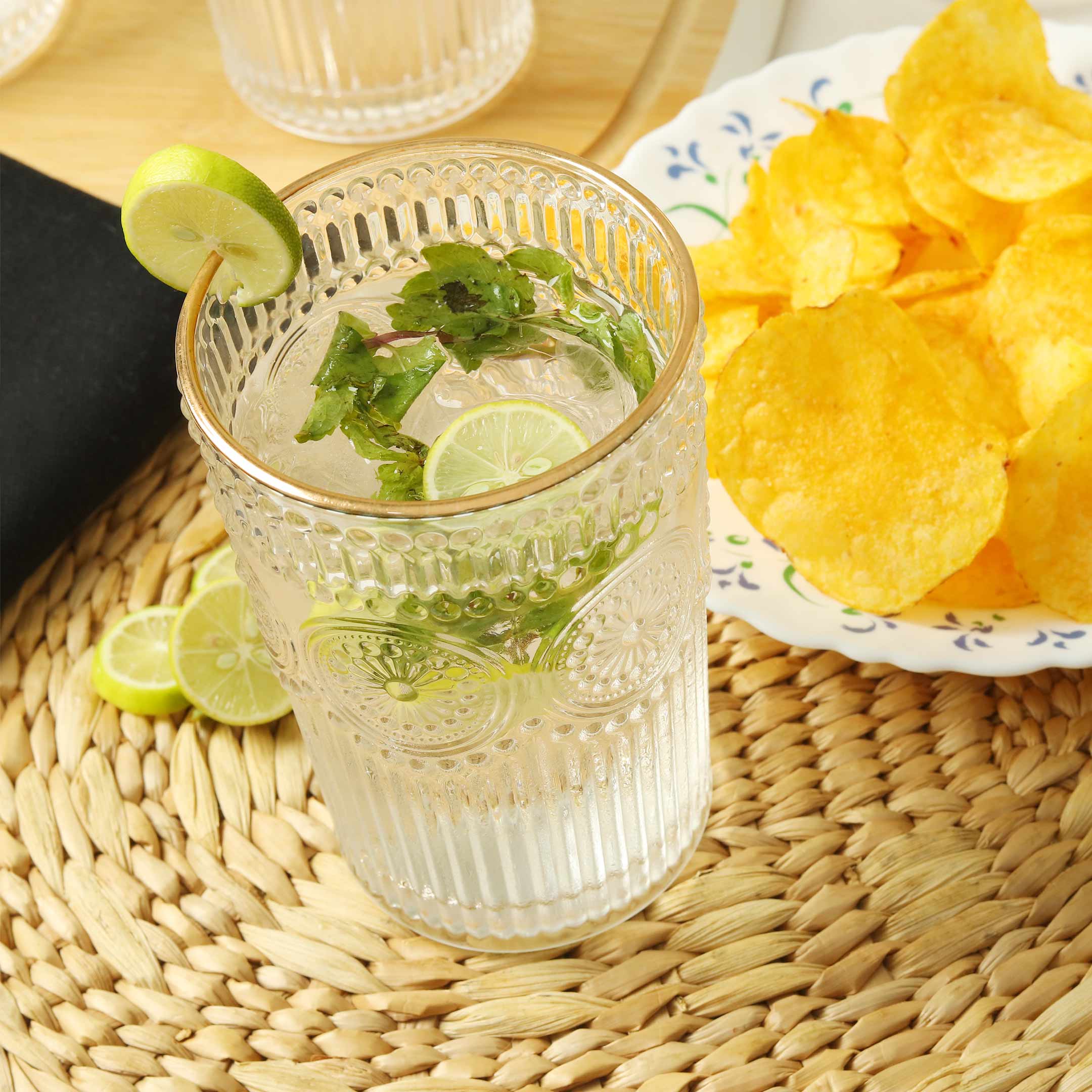 Gold Rimmed Embossed Floral Drinking Glass