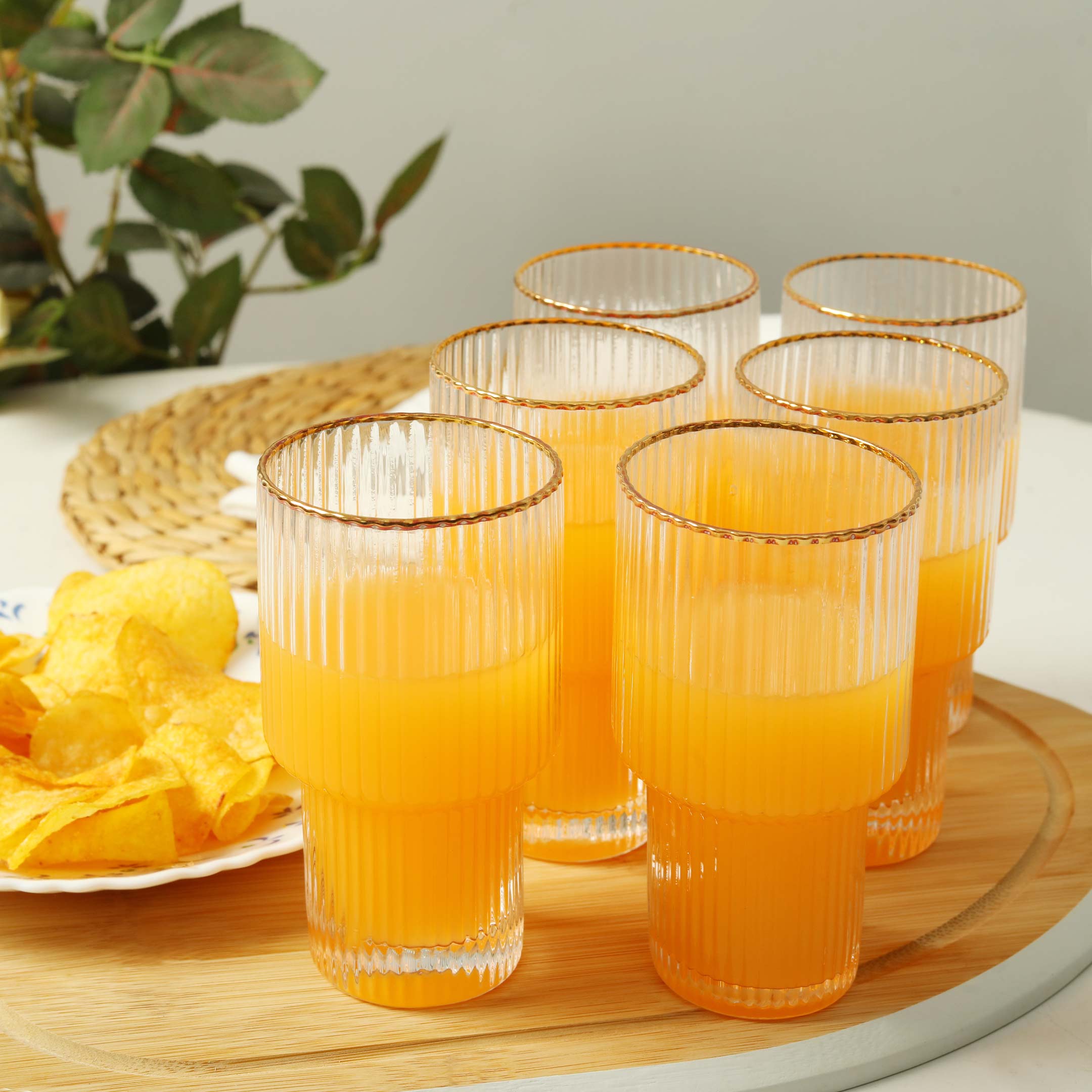 Vertical Stripe Gold Rimmed Fluted Bottom Glass Set-6 Pcs