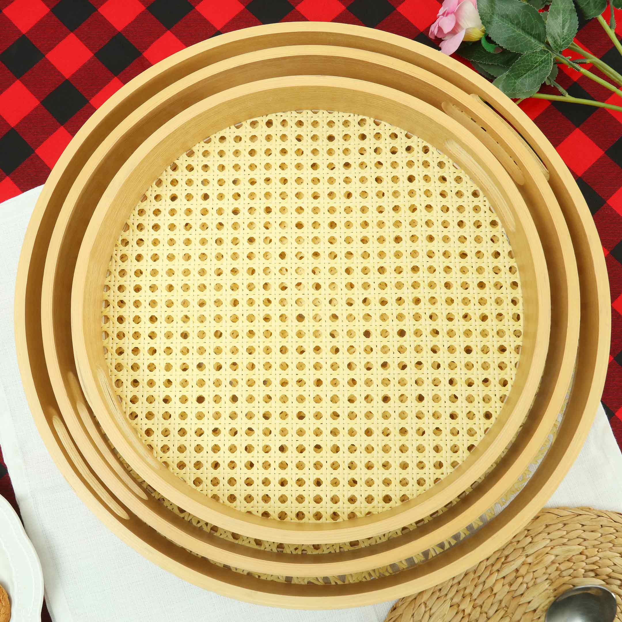 Antique Wooden Rattan Pattern Round Serving Tray Set