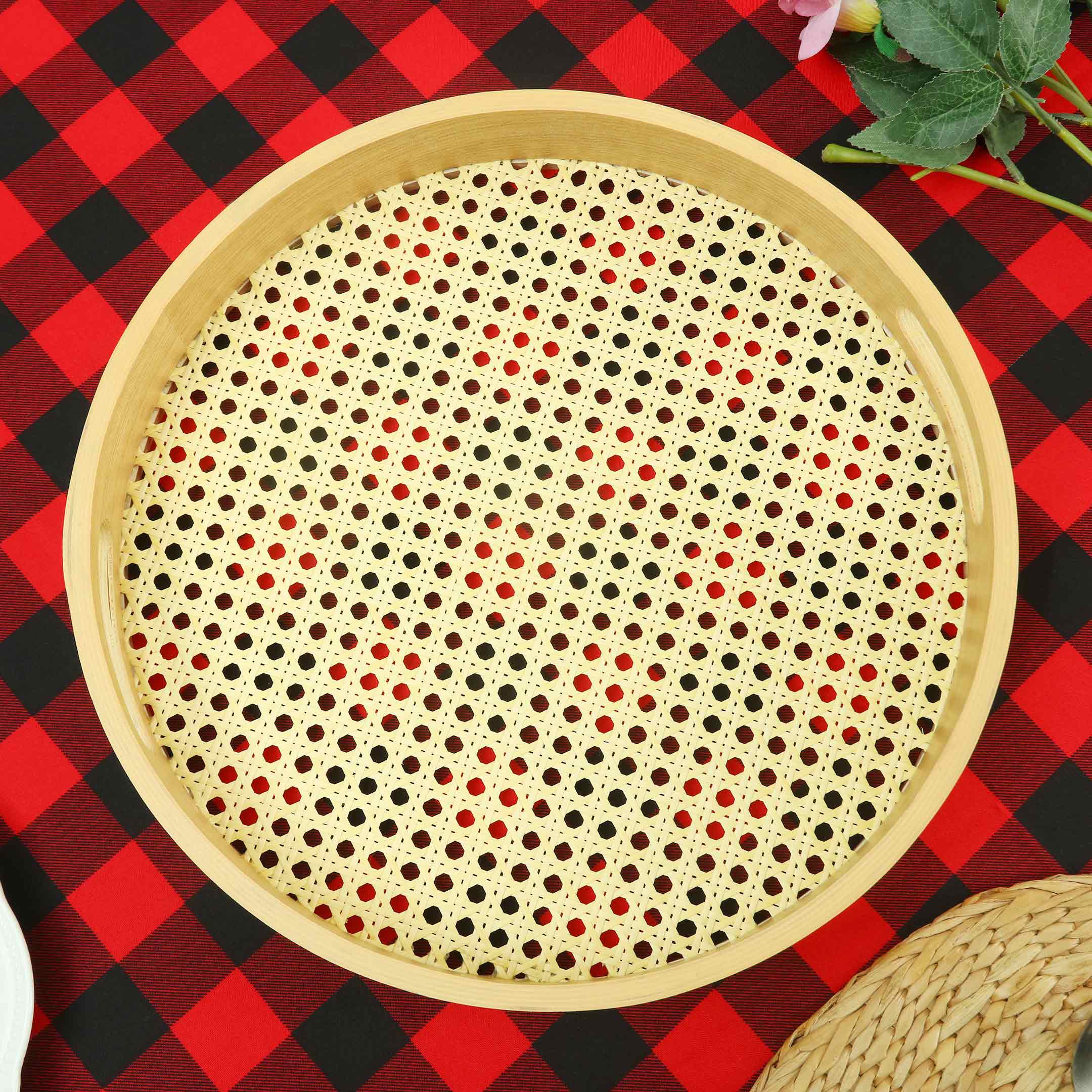 Antique Wooden Rattan Pattern Round Serving Tray Set