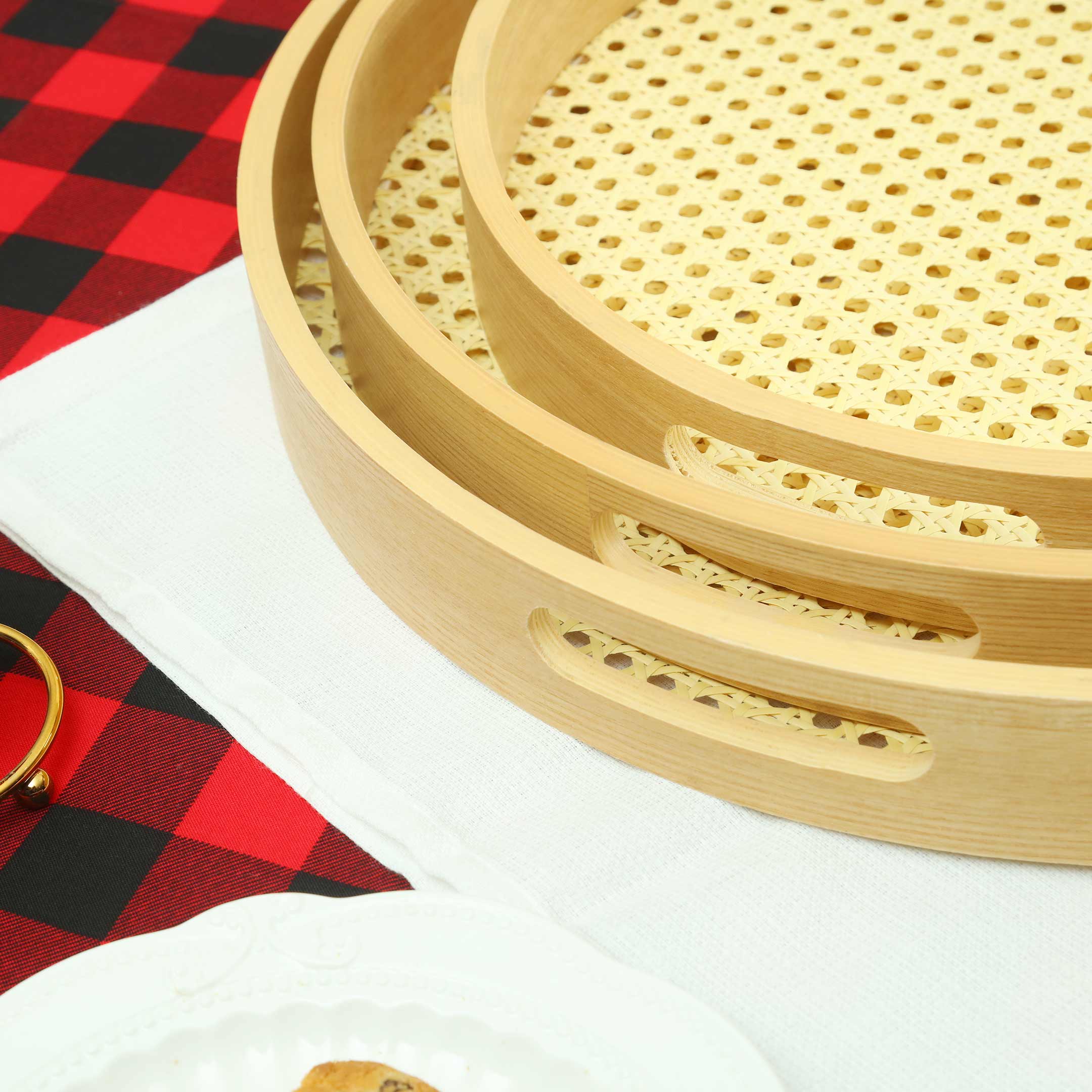 Antique Wooden Rattan Pattern Round Serving Tray Set