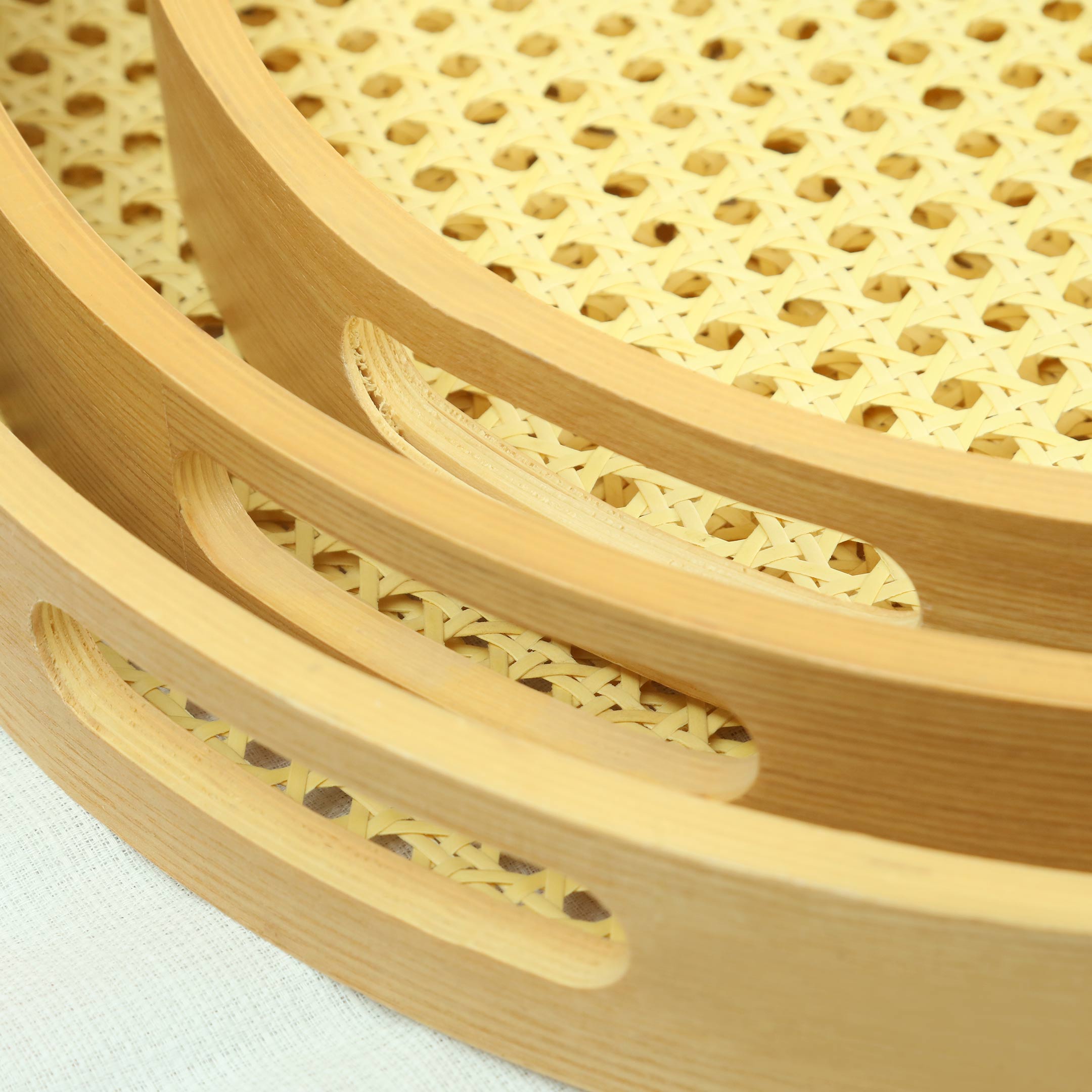 Antique Wooden Rattan Pattern Round Serving Tray Set