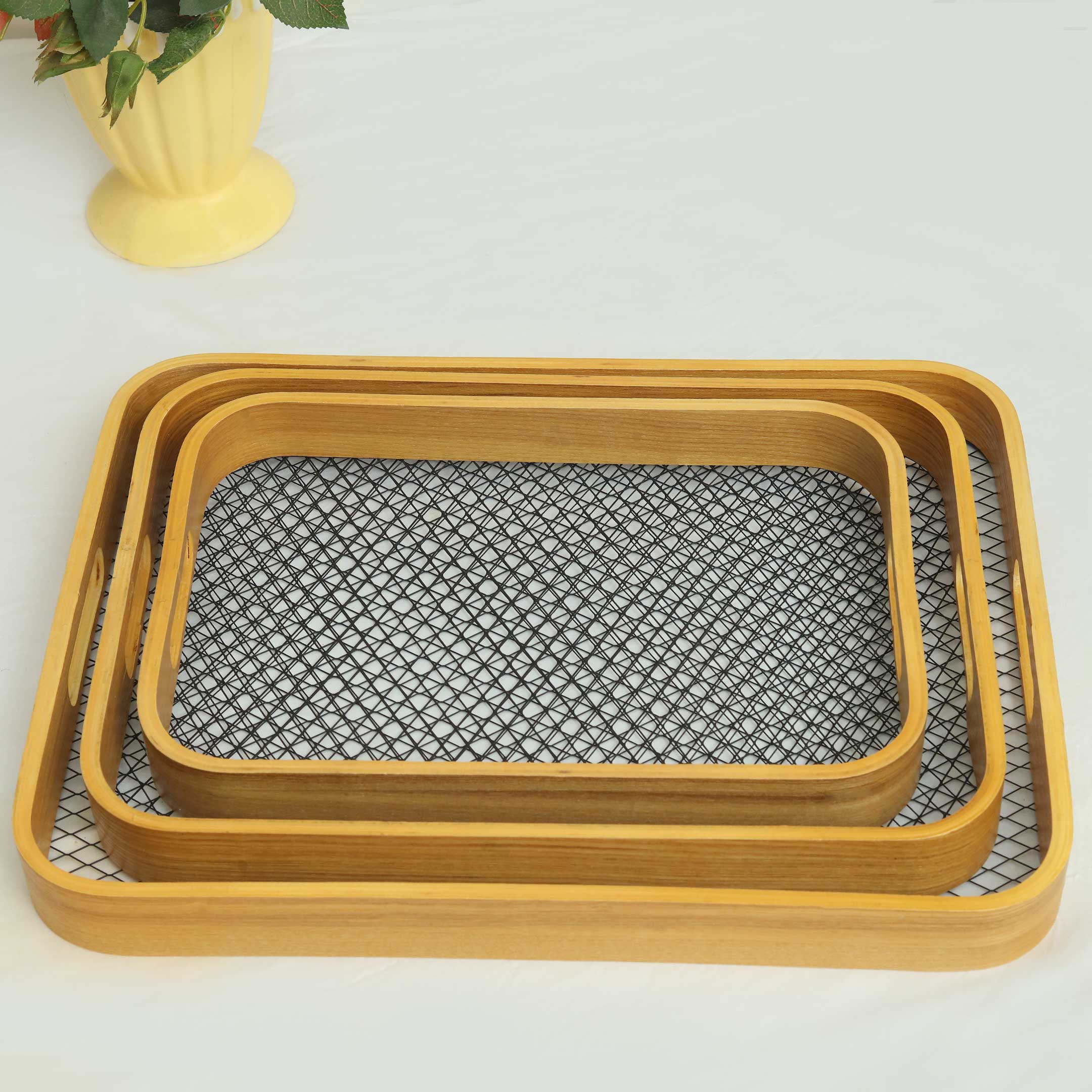 Antique Wooden Rattan Pattern Serving Tray Set