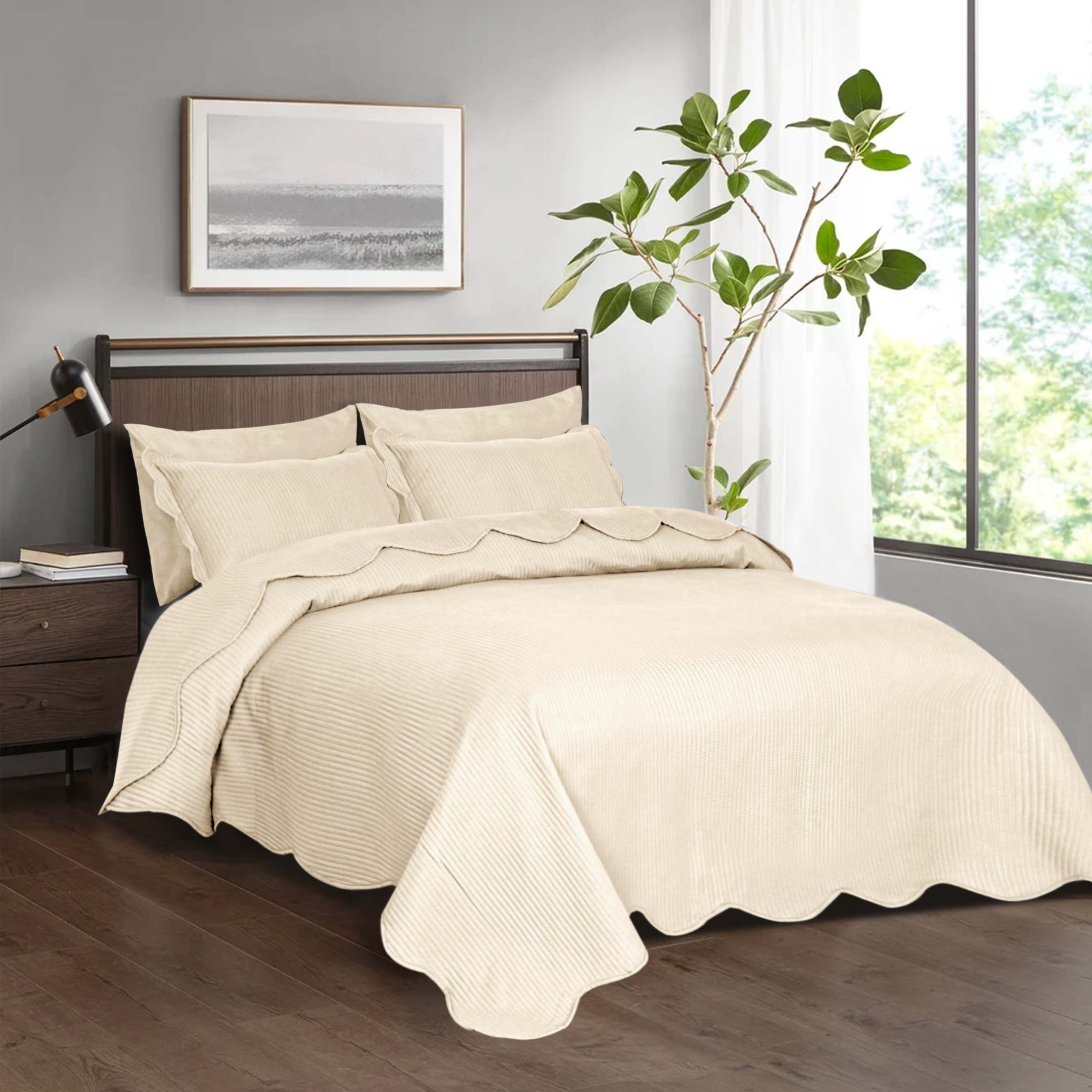 Line Embossed Ultrasonic Quilted Bedspread 6 pcs Set Beige