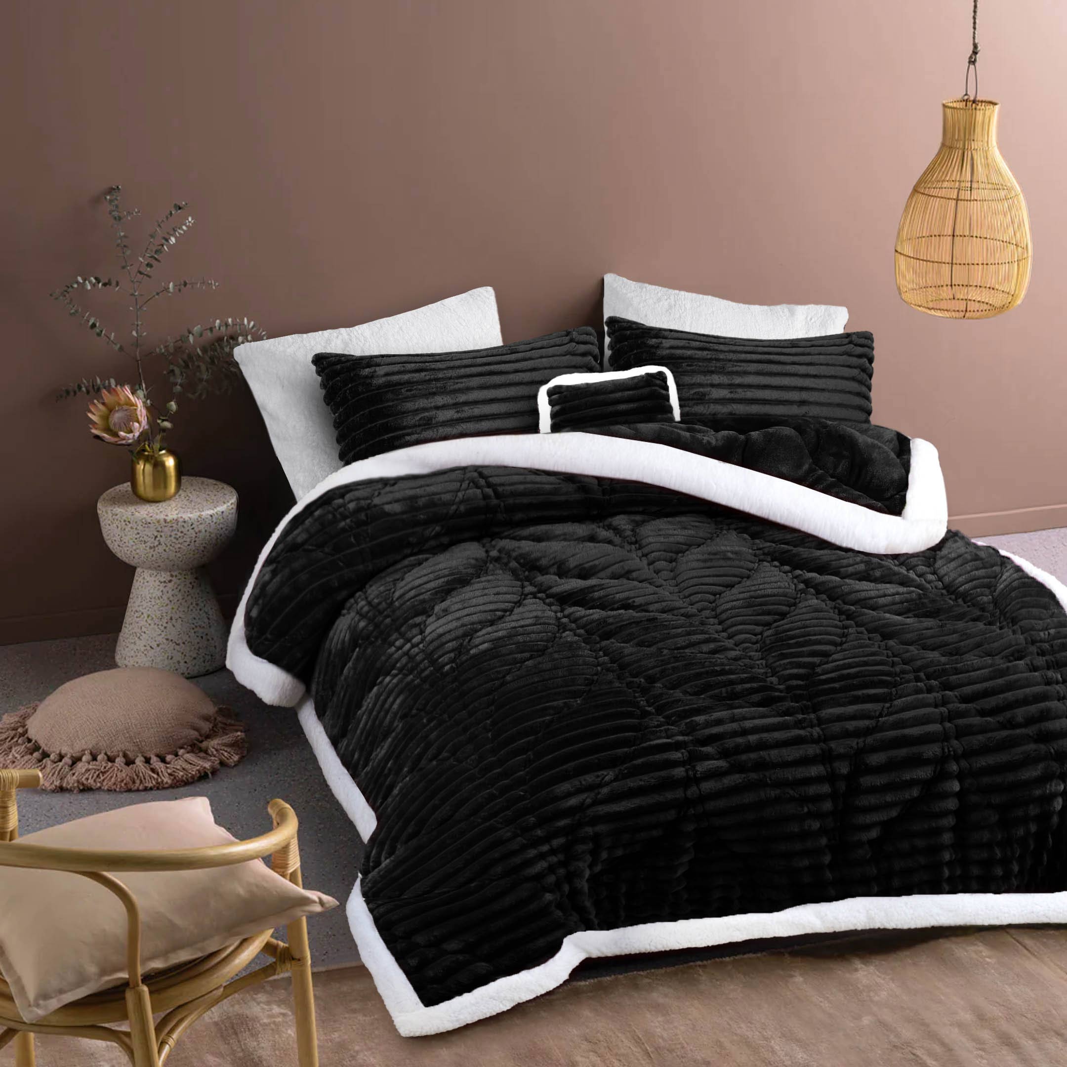 Heavy Weighted Fleece & Sherpa 7pcs Bedding Set-Jet Black