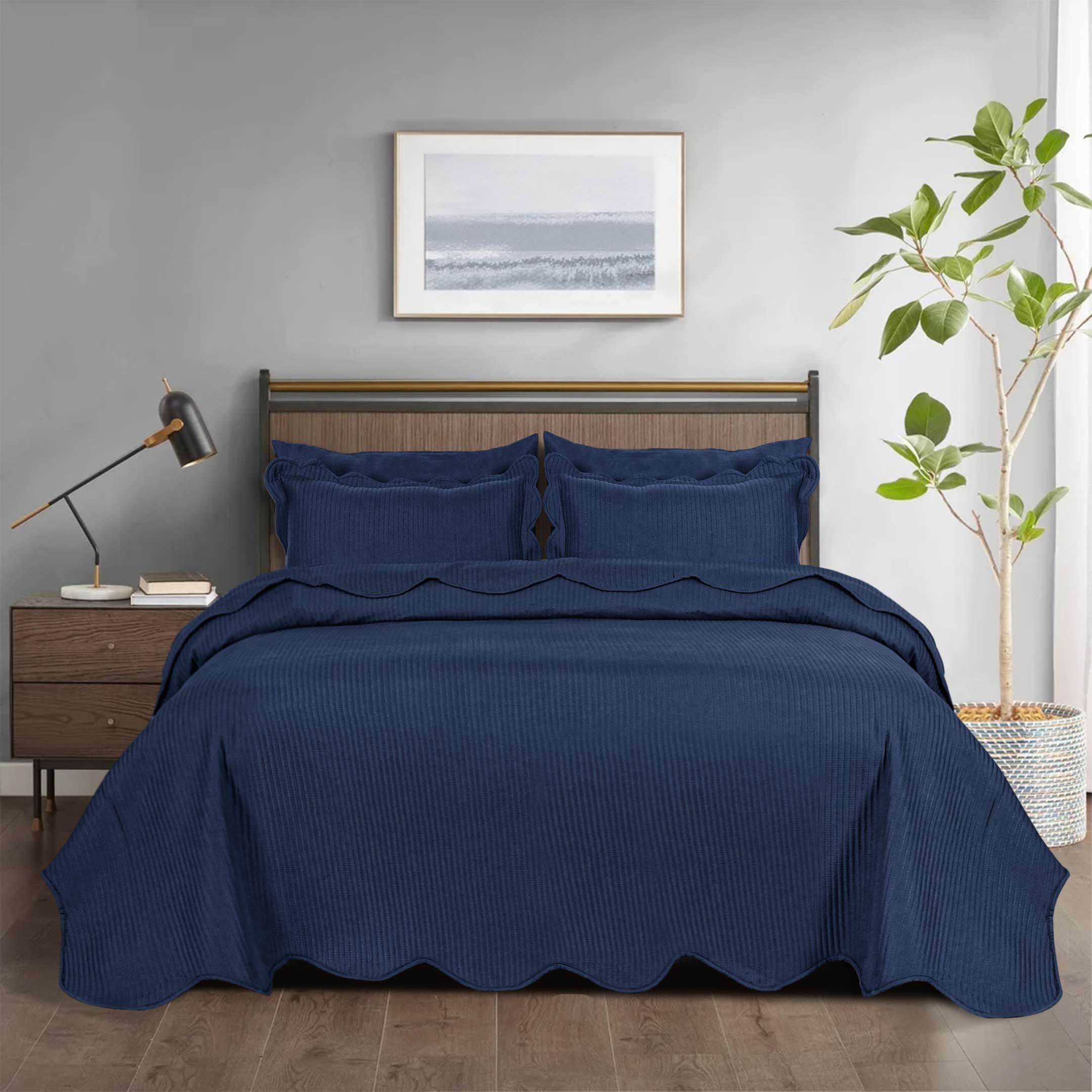 Line Embossed Ultrasonic Quilted Bedspread 6 pcs Set Navy
