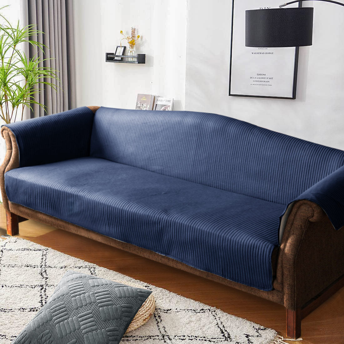 Line Embossed Ultrasonic Quilted Sofa Cover Set Navy