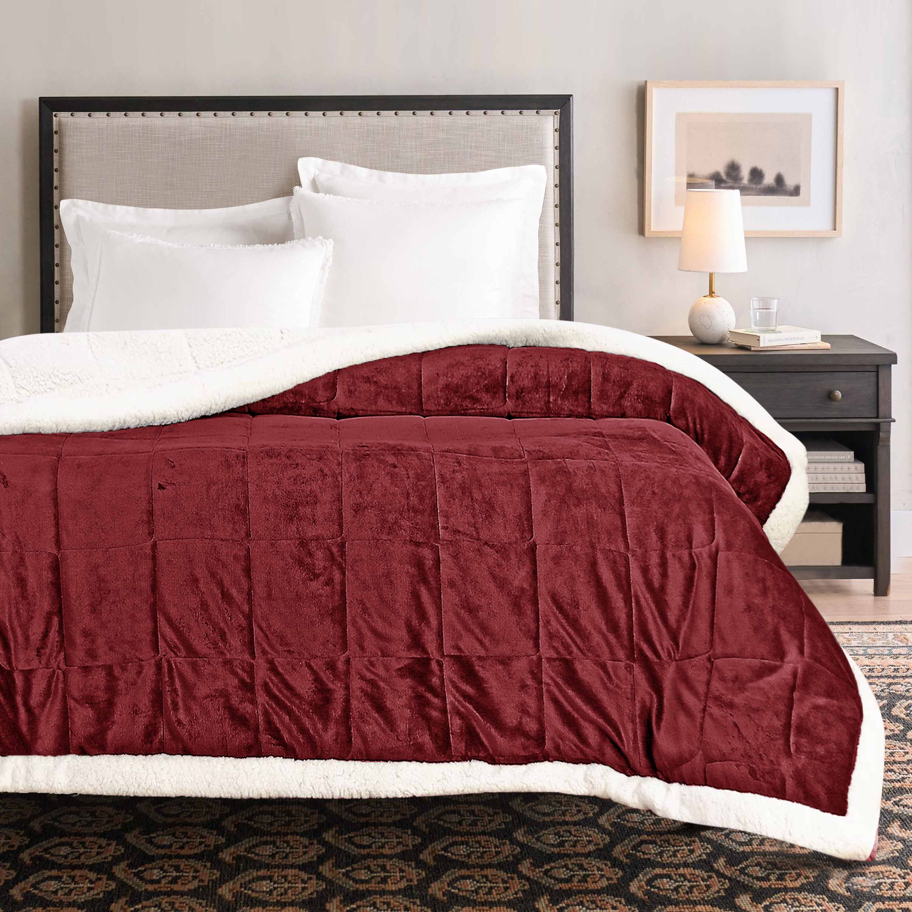Box Quilted Weighted Sherpa Blanket Burgundy