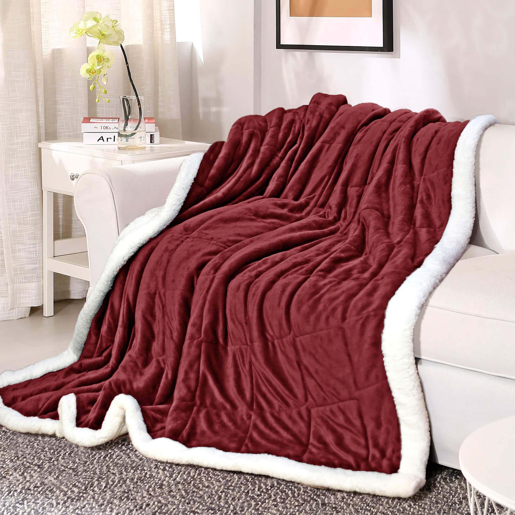 Box Quilted Weighted Sherpa Blanket Burgundy