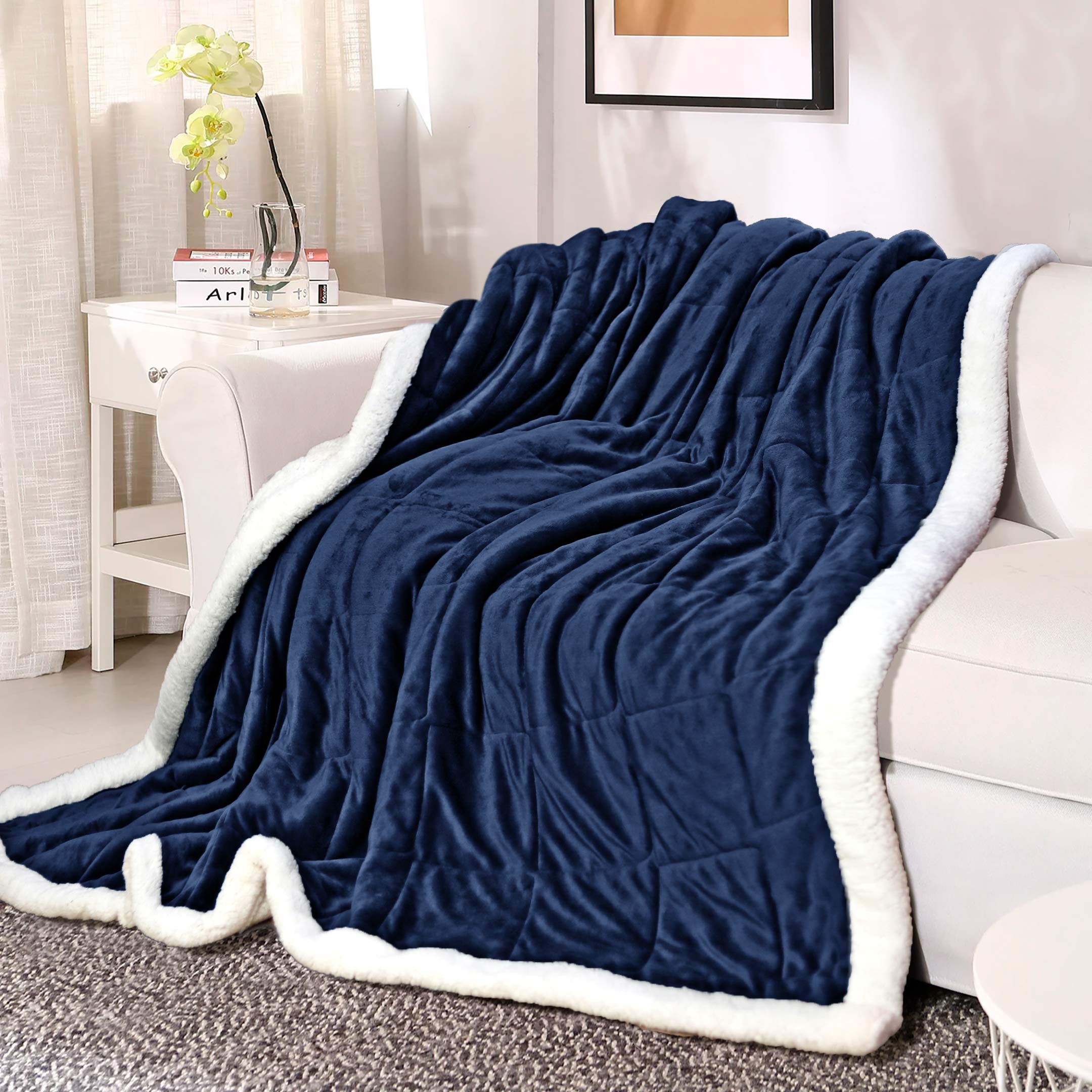Box Quilted Weighted Sherpa Blanket Navy