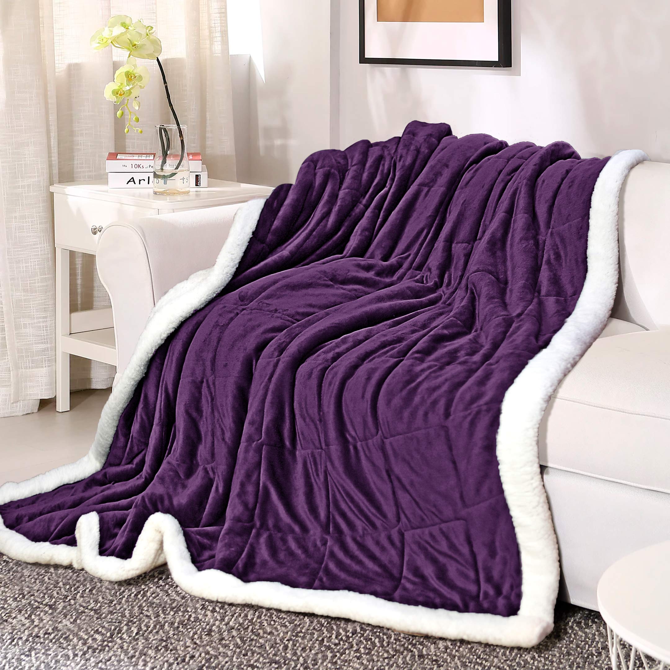 Box Quilted Weighted Sherpa Blanket Plum