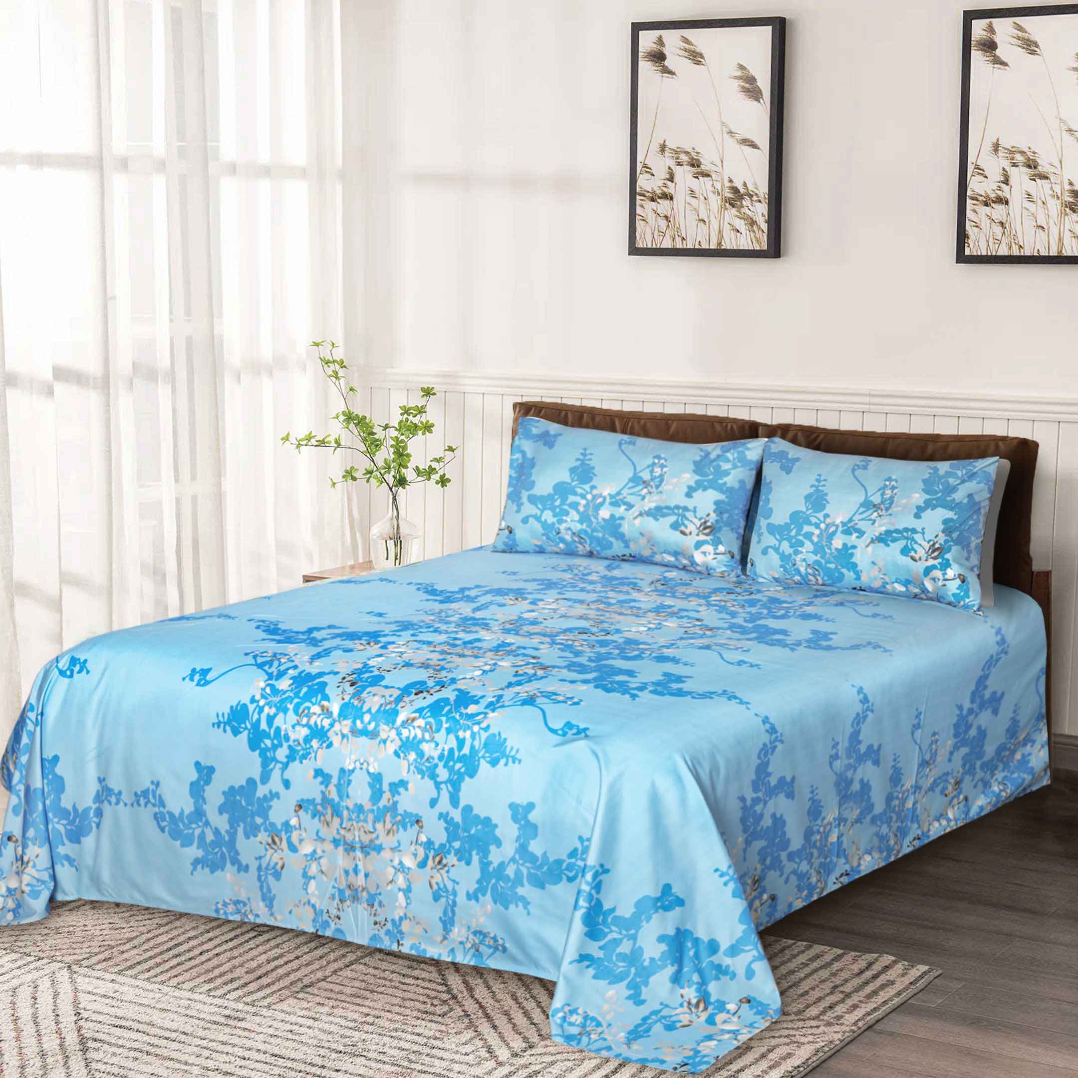 Floral Blue Microfiber Flat Sheet Set- 3 Pcs