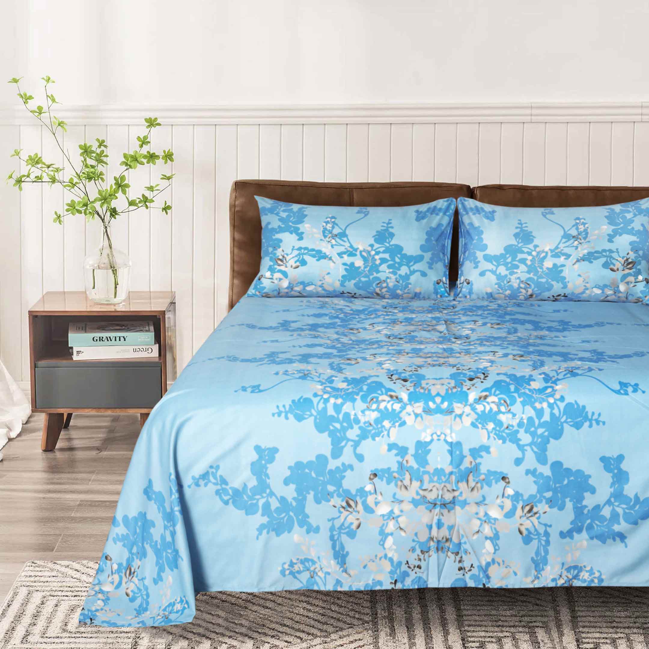 Floral Blue Microfiber Flat Sheet Set- 3 Pcs