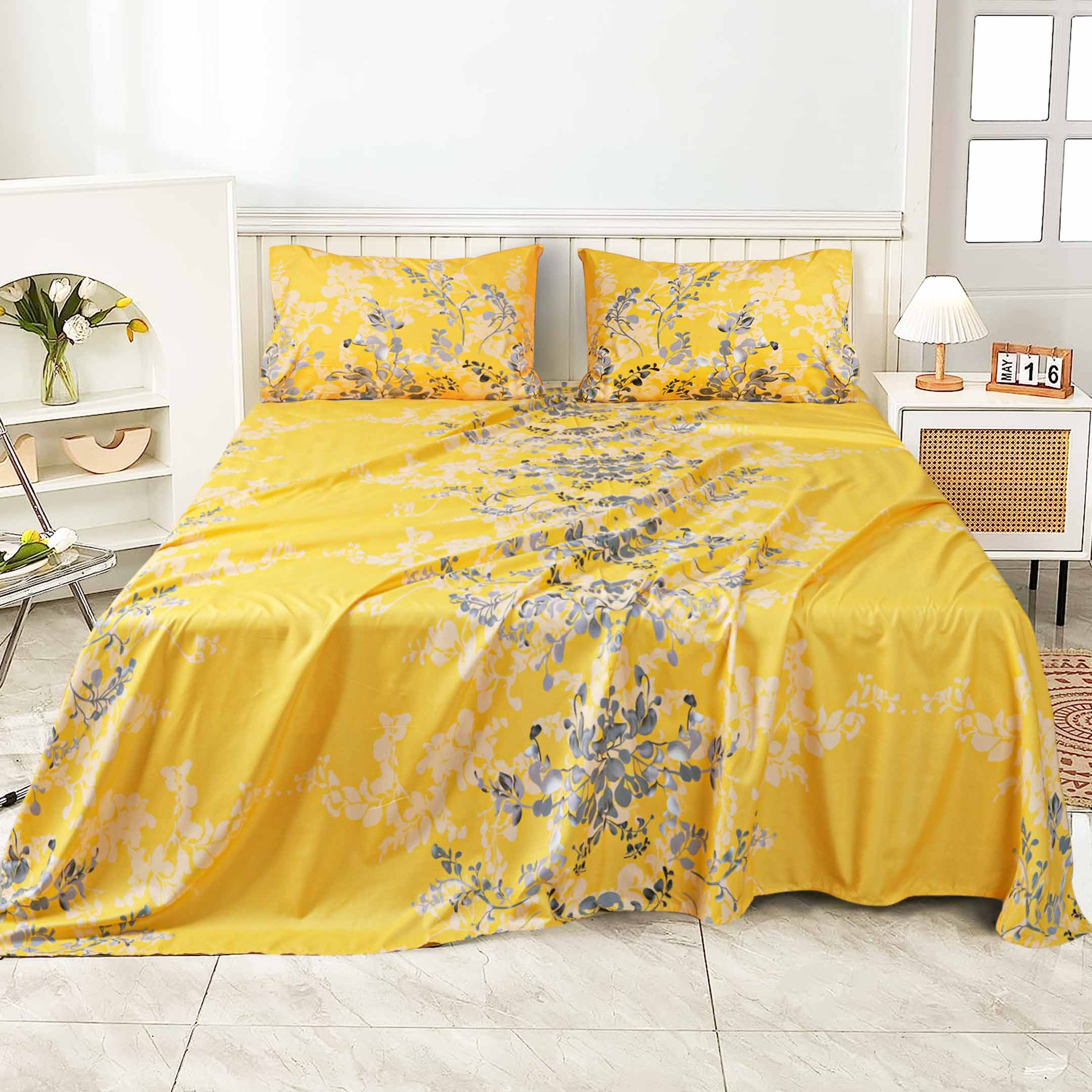 Floral Lorenza 3-Pcs Yellow Microfiber Flat Sheet Set