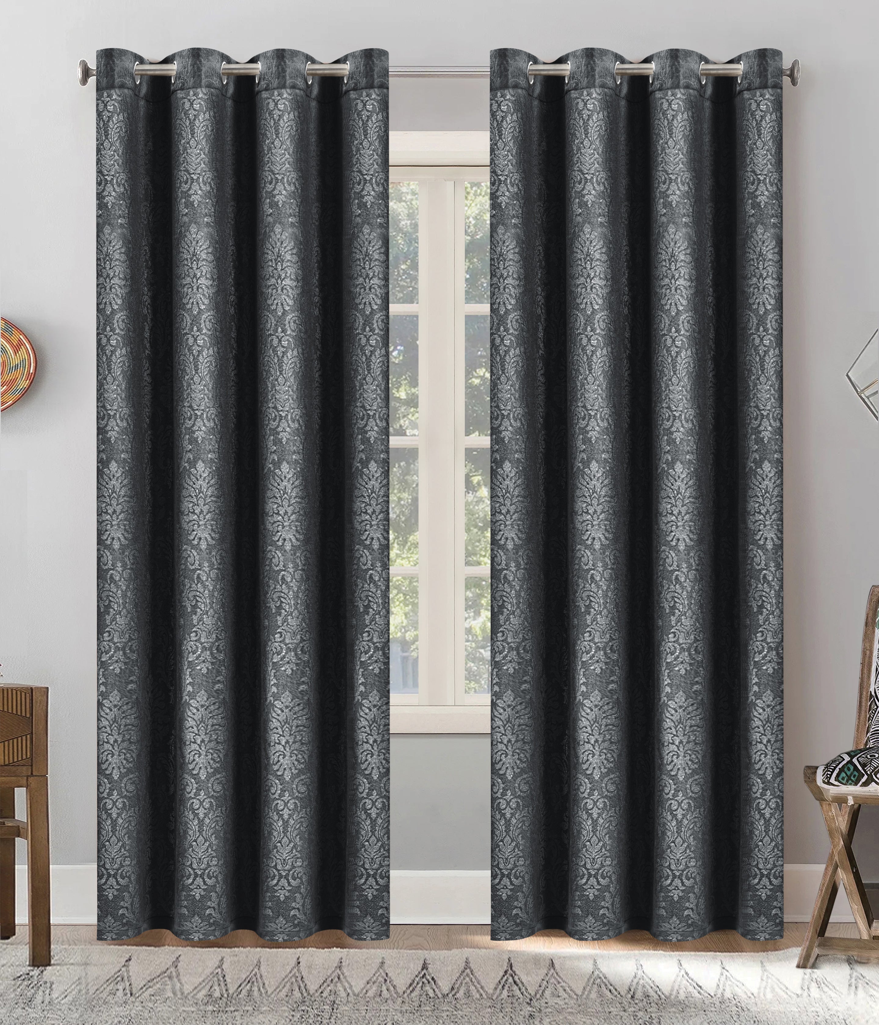 Grommet Blackout Weave Embossed Jacquard Curtain Charcoal