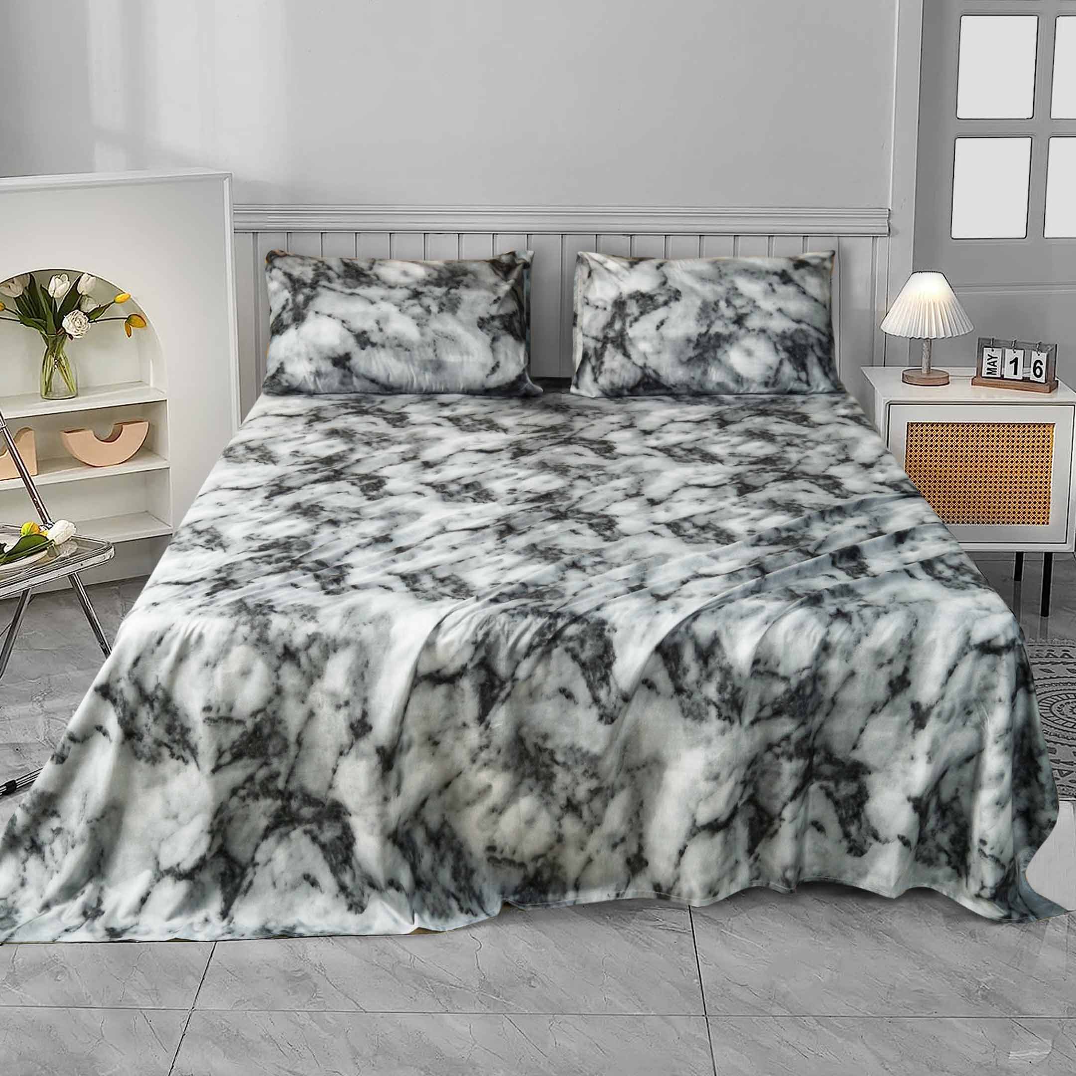 Grey N White Marble Pattern Microfiber 3-Pcs Bedsheet Set King Size