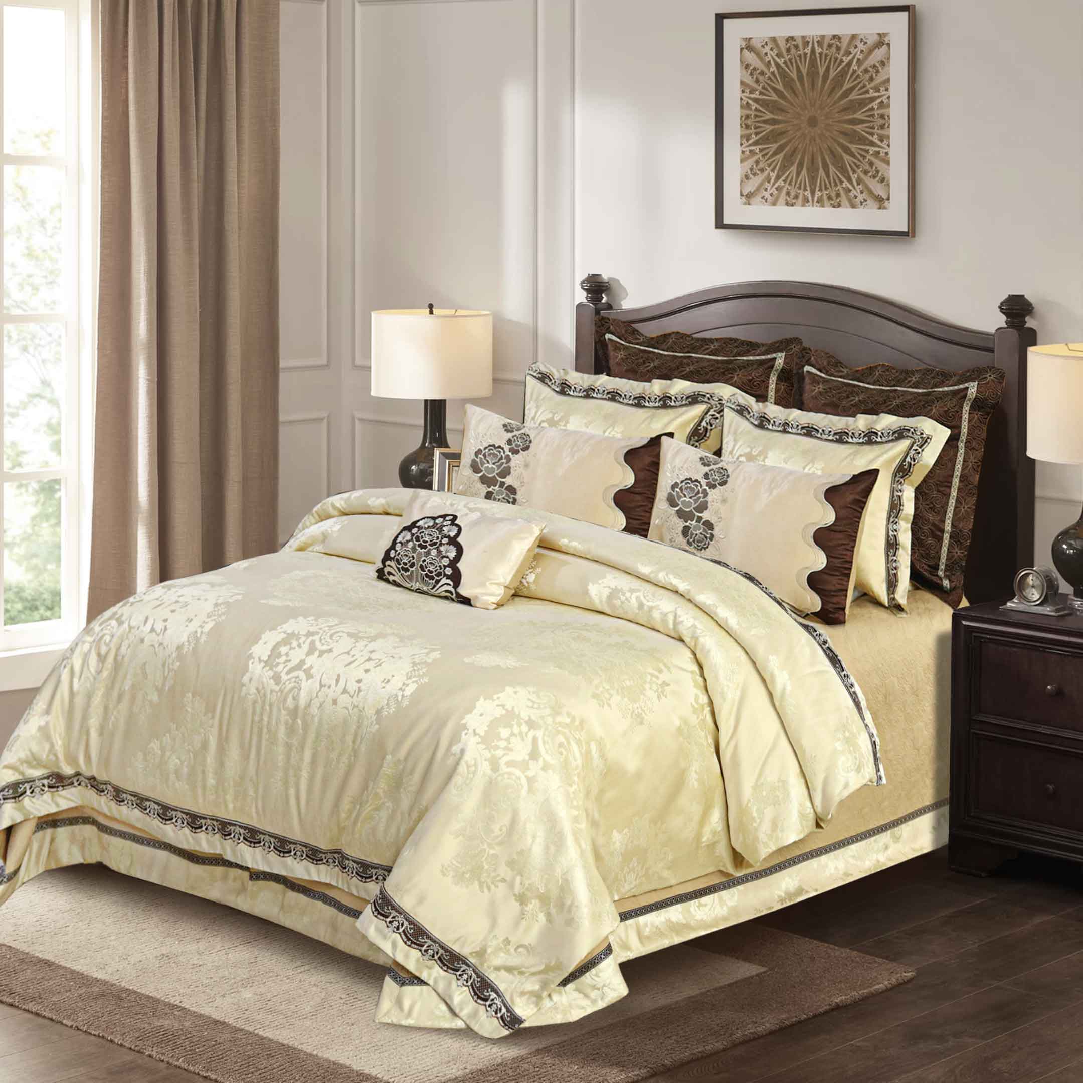 Bridal Bedding Set 9 Pcs Hazel Wood Cotton Jacquard Yarn Dyed