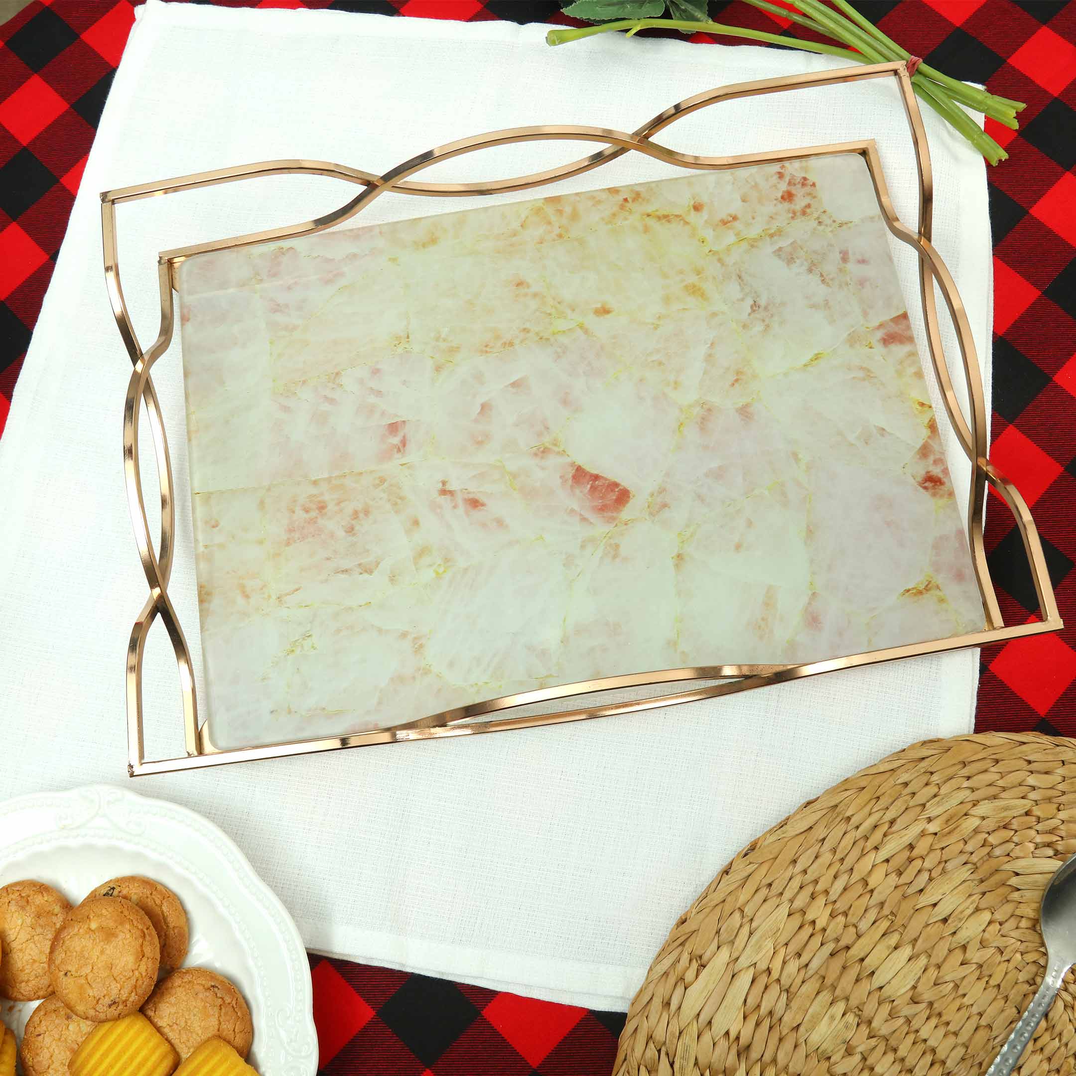 Nordic Flamingo Marble Pattern Tempered Glass Tray With Chrome Handles