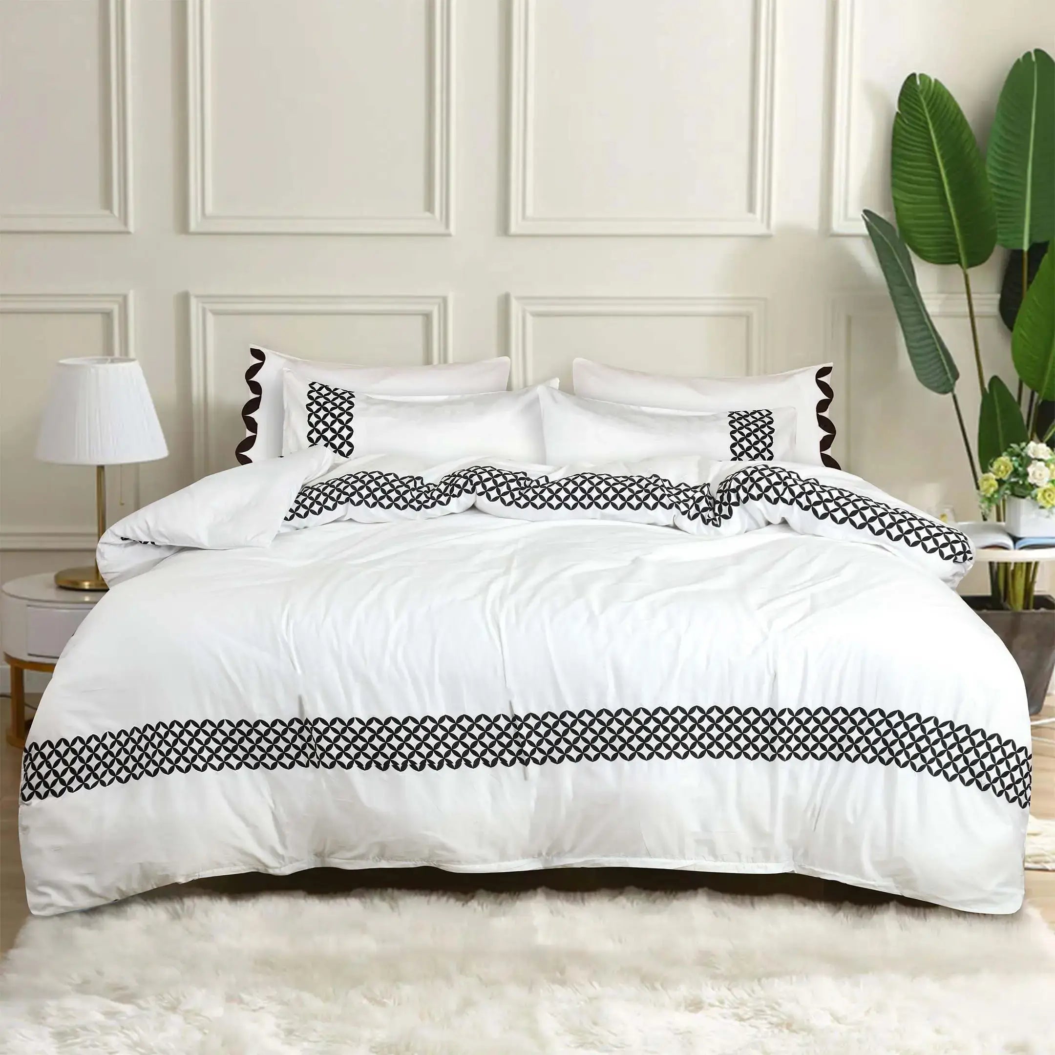 Noir Grid Elegance Embroidered Duvet Cover