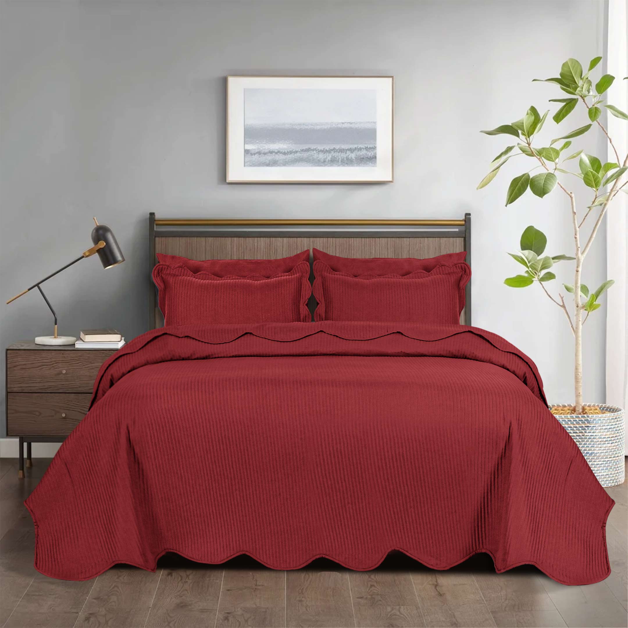 Line Embossed Ultrasonic Quilted Bedspread 6 pcs Set Burgundy
