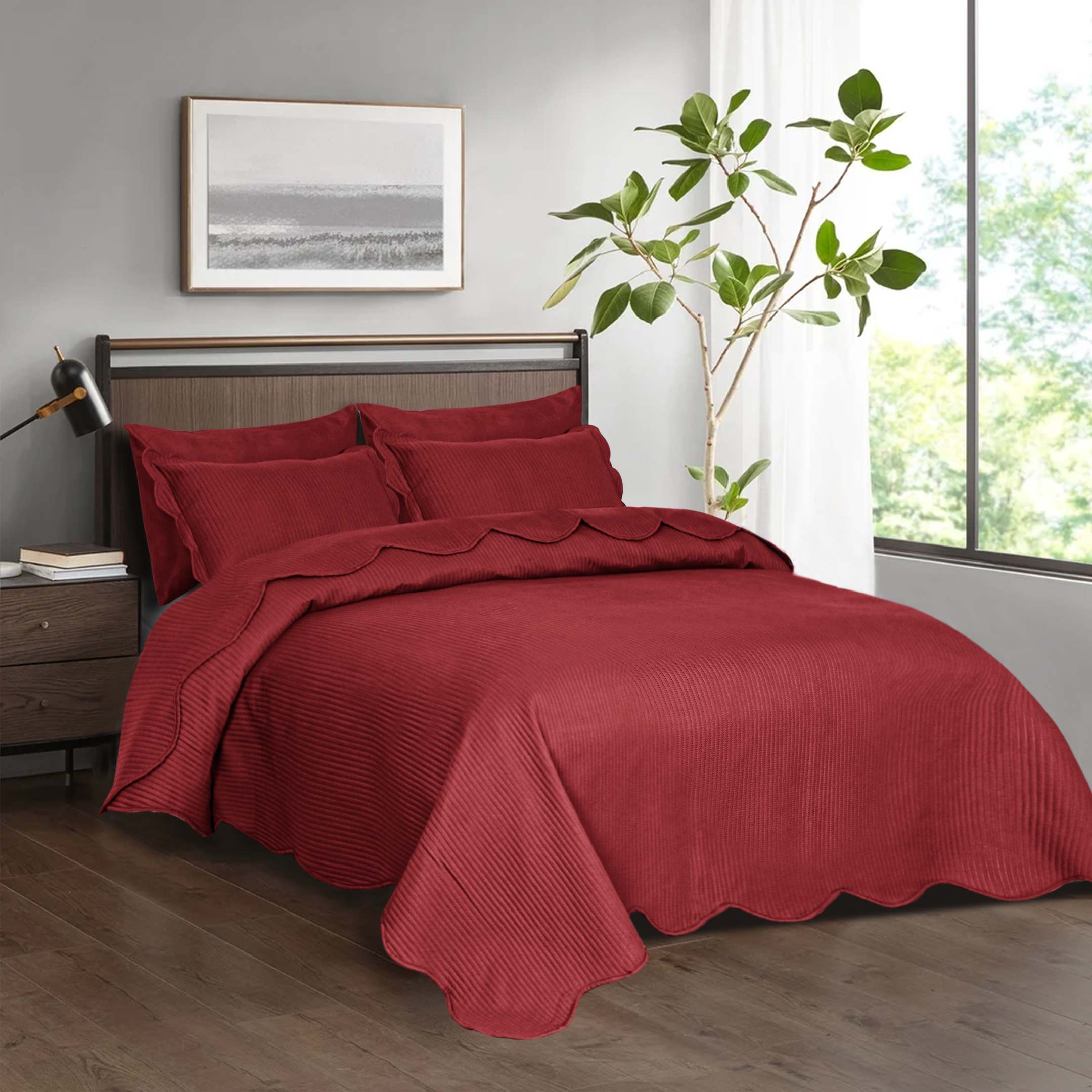 Line Embossed Ultrasonic Quilted Bedspread 6 pcs Set Burgundy