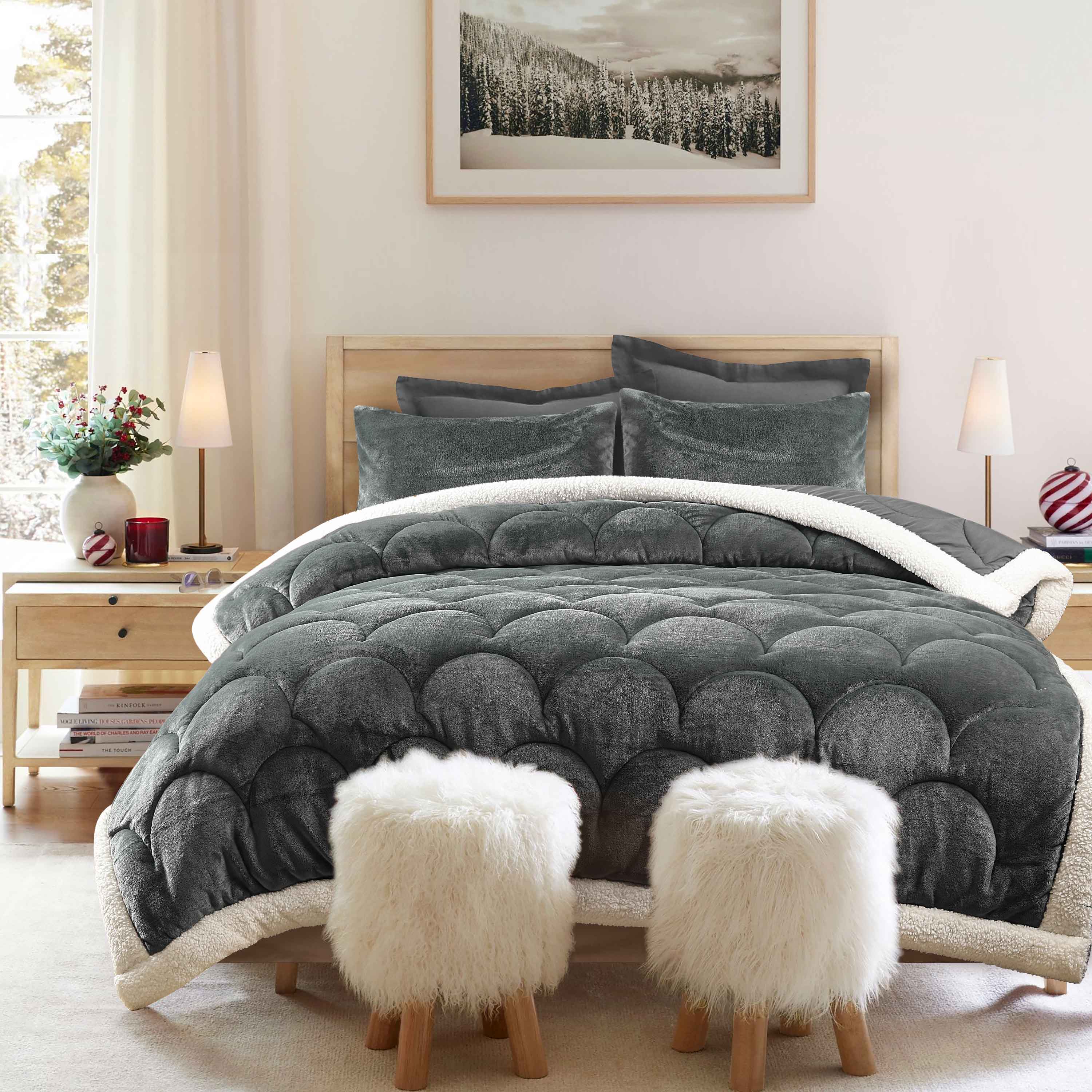 Seashell Quilted Fleece Comforter Set 6pcs Grey