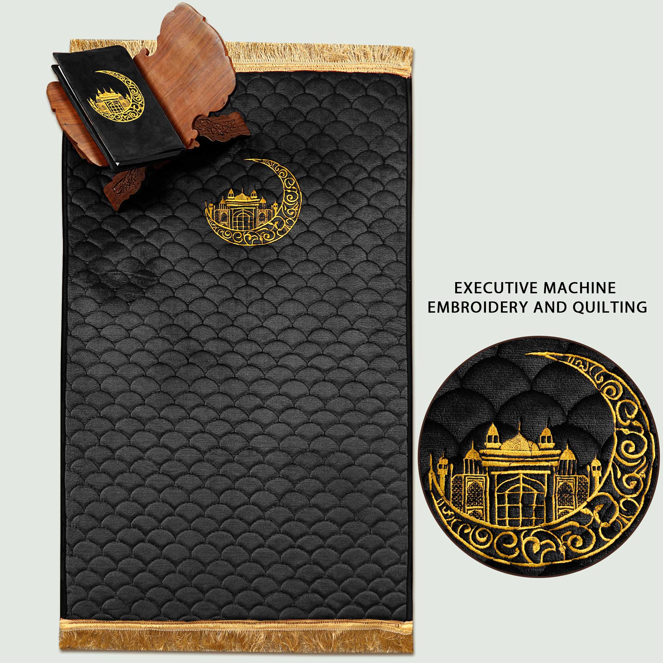 Black Seashell Quilted Moon Embroidered Fleece Padded Prayermat