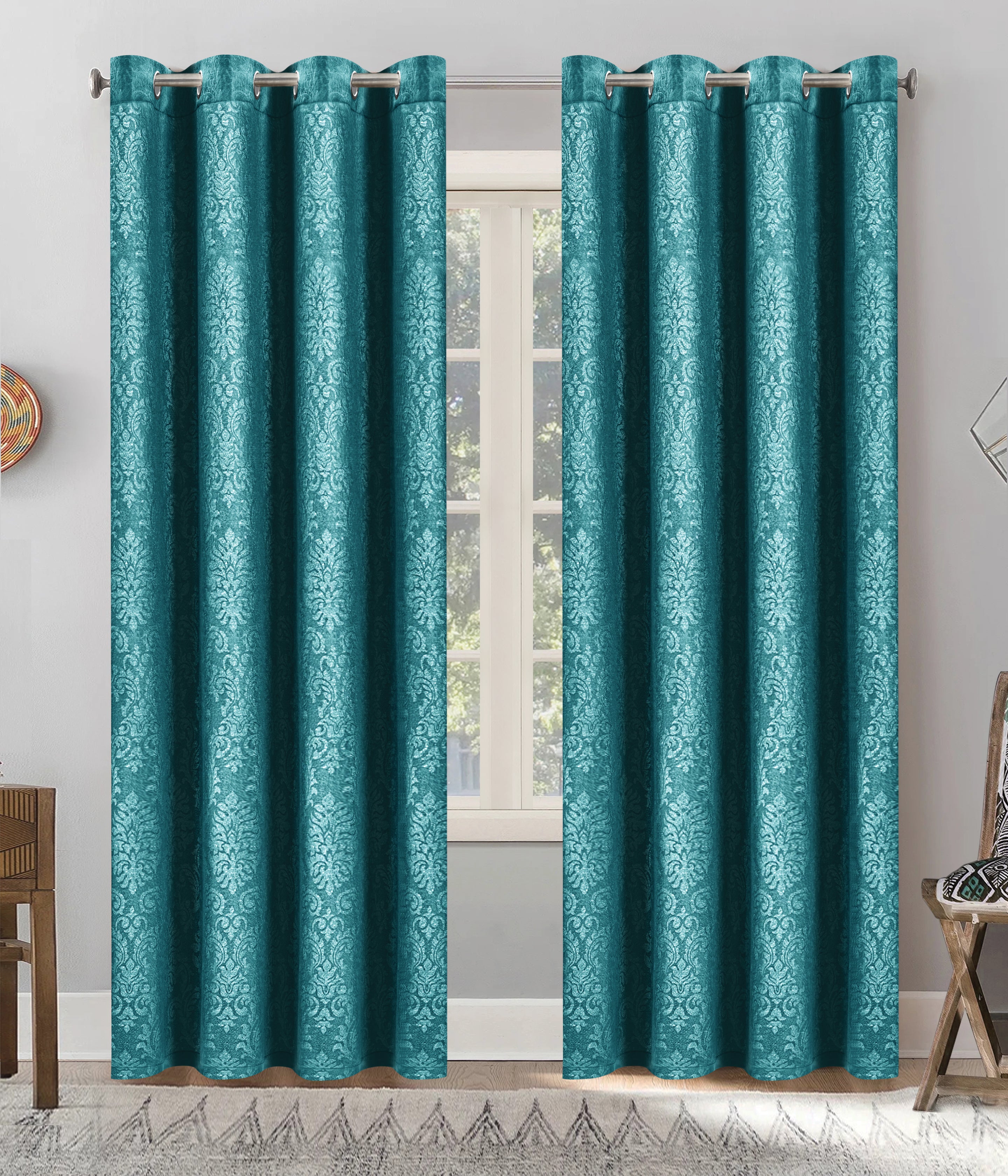 Grommet Blackout Weave Embossed Jacquard Curtain Teal