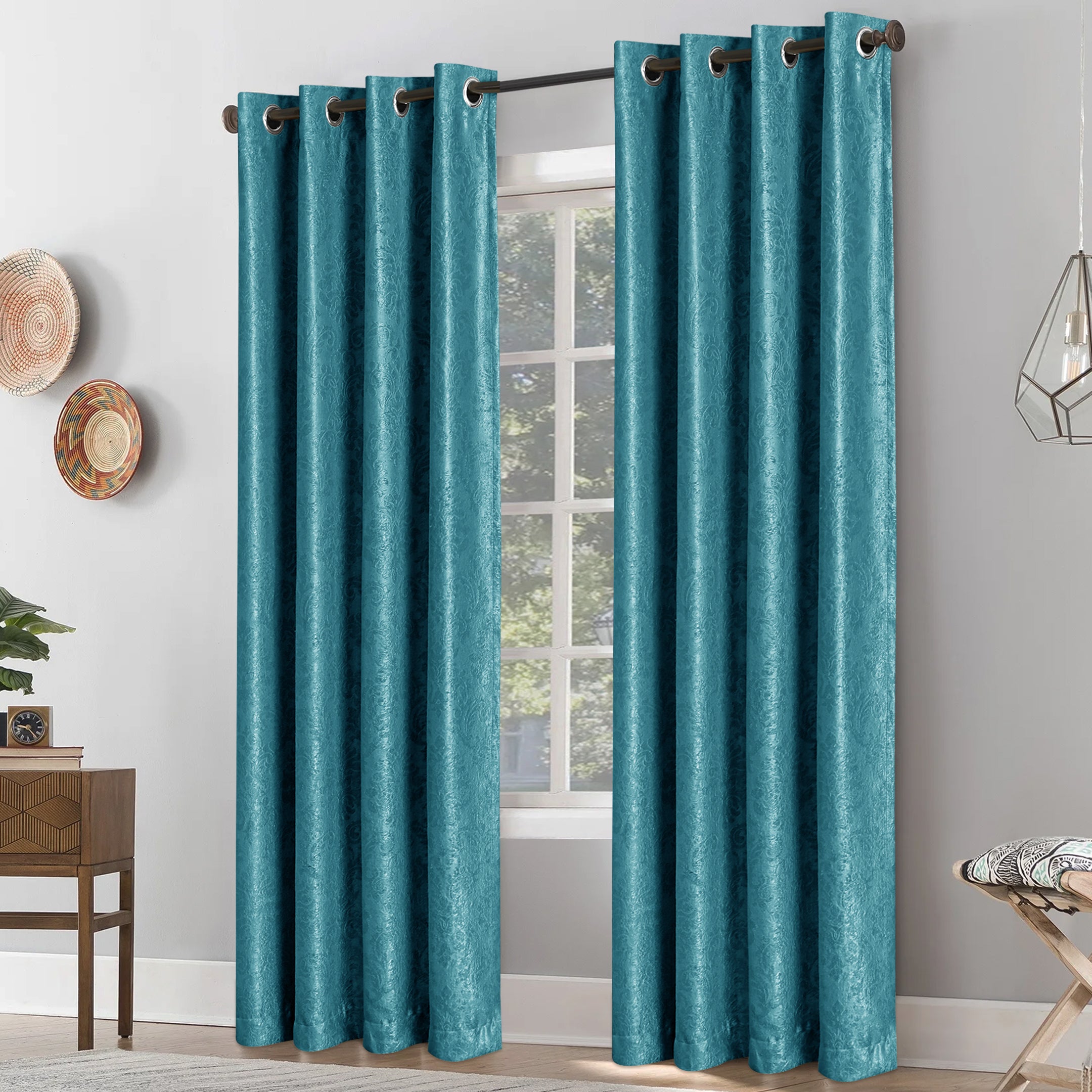 Grommet Blackout Weave Embossed Jacquard Curtain Teal