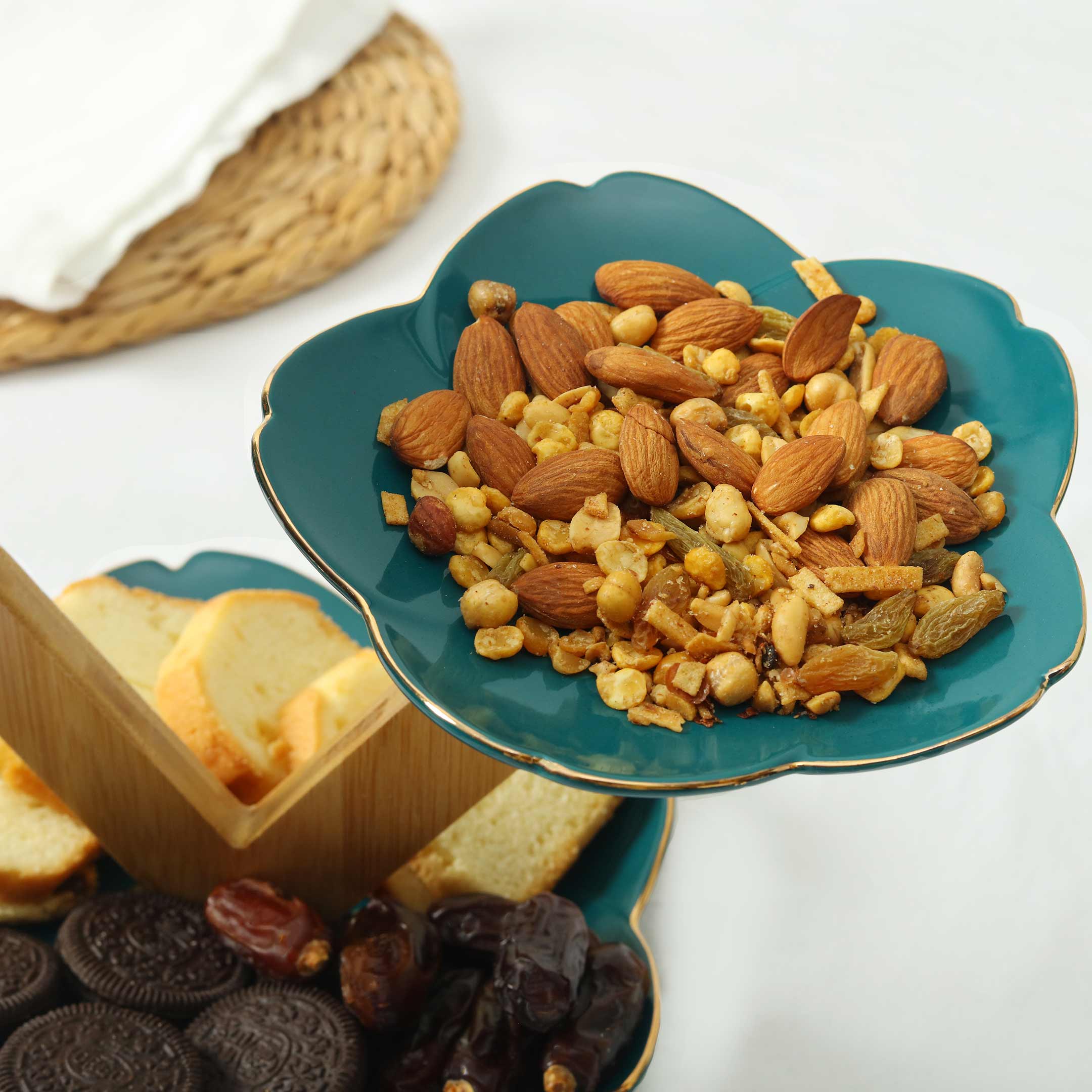 V Shape 3 Tier Floral Design Ceramic Tray