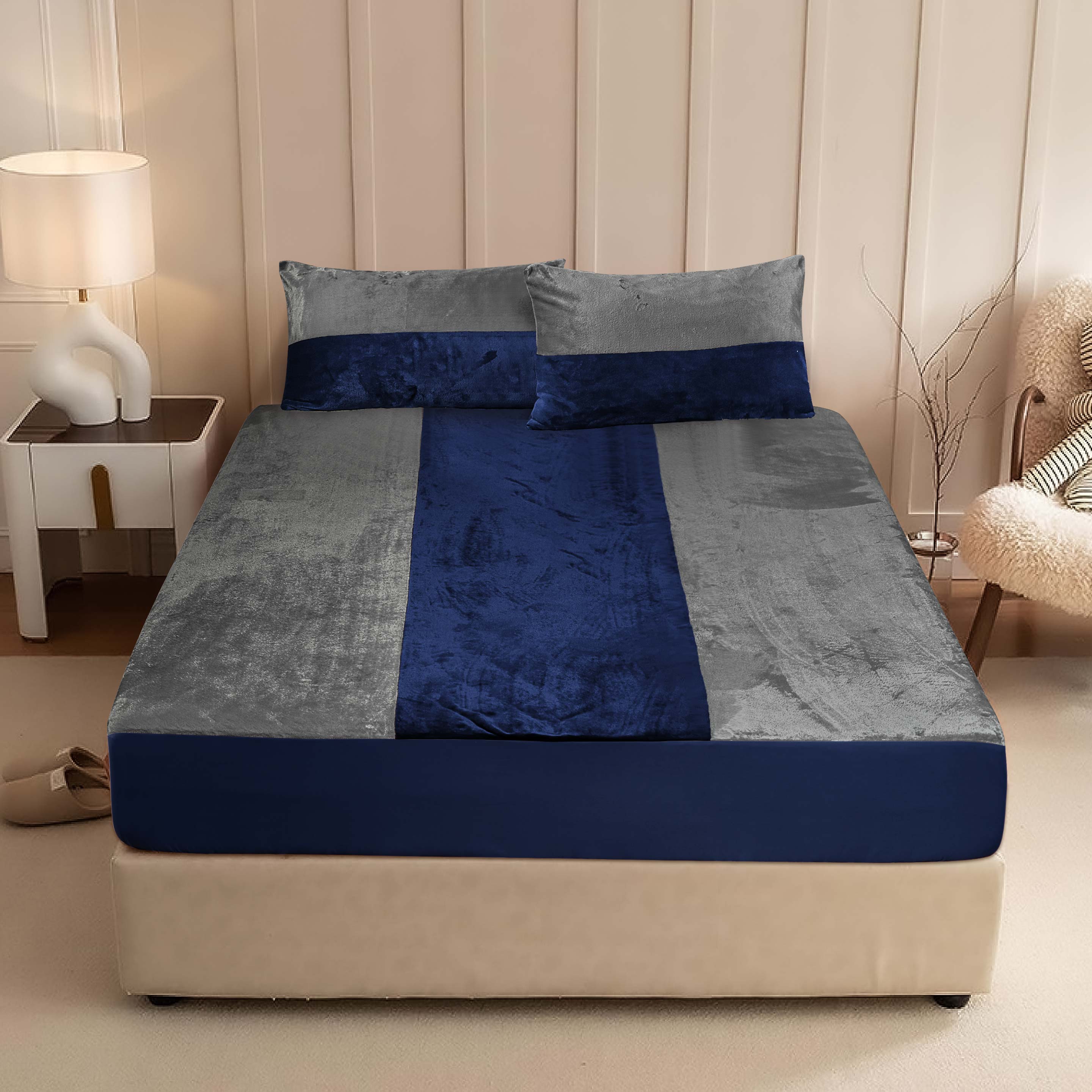 Vertical Duo Tone Fleece Fitted Sheet, Grey-Navy Blue