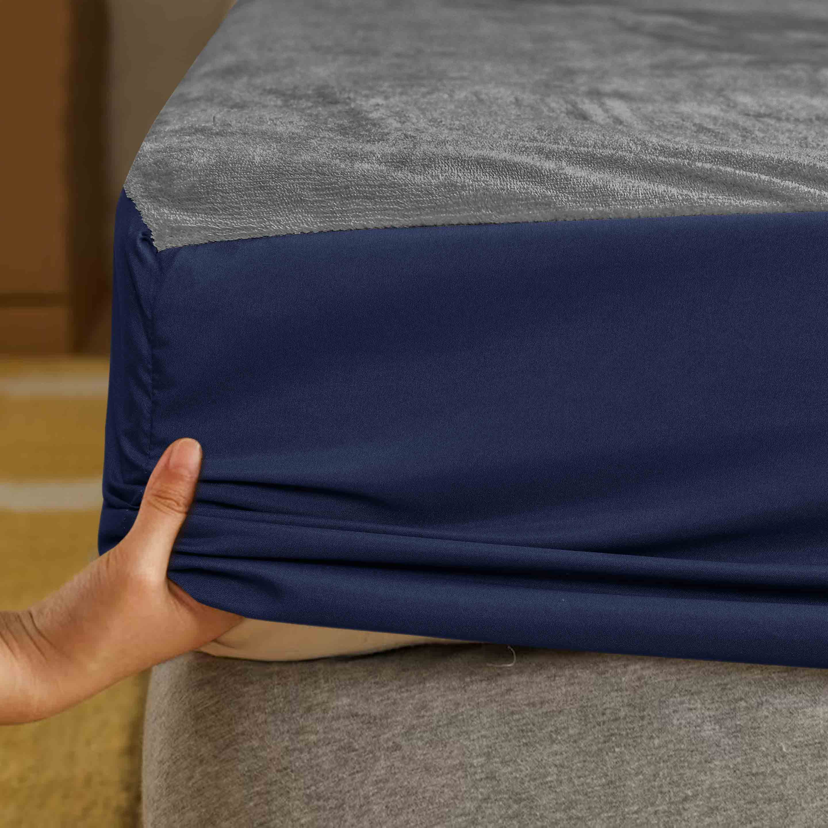 Vertical Duo Tone Fleece Fitted Sheet, Grey-Navy Blue