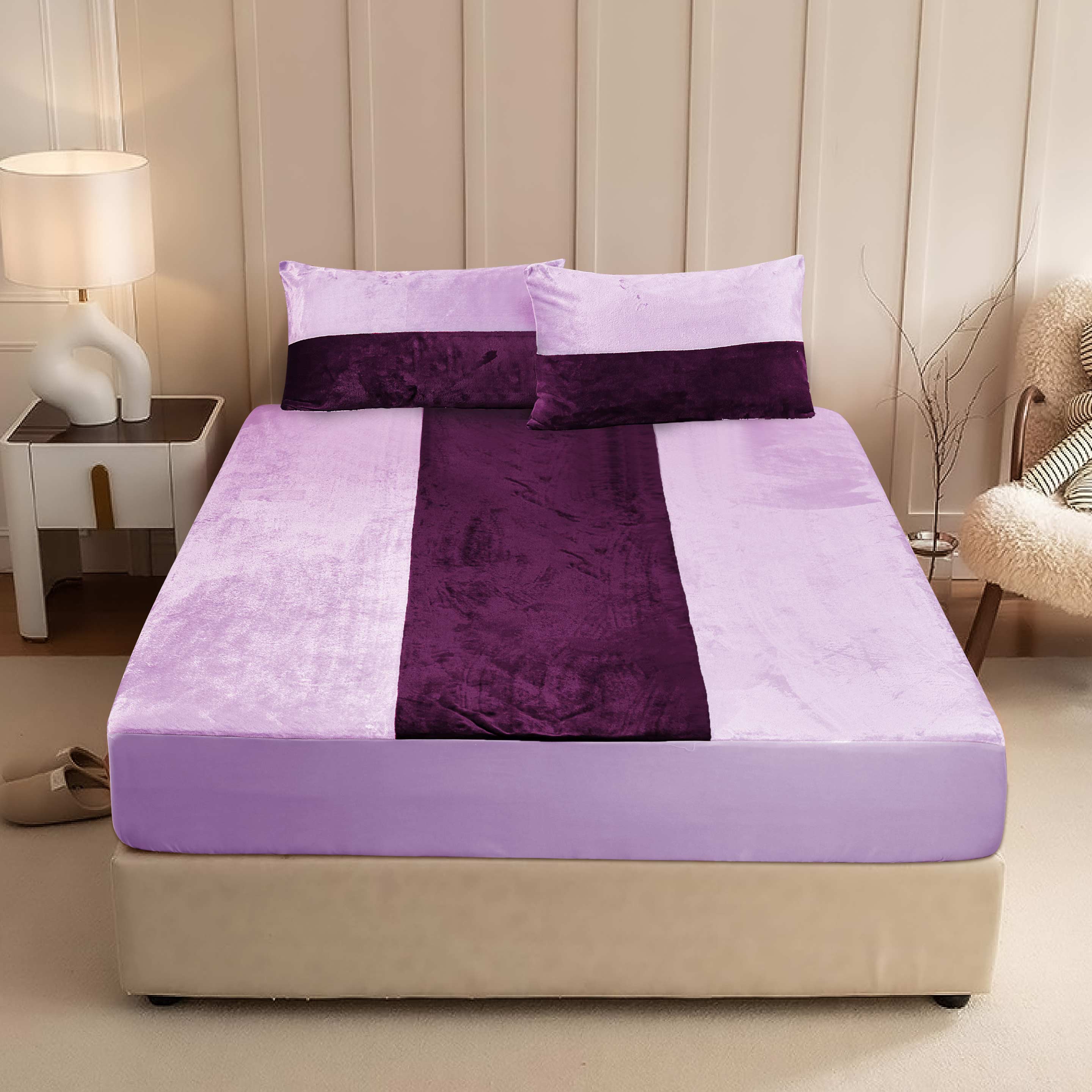 Vertical Duo Tone Fleece Fitted Sheet, Lilac-Plum